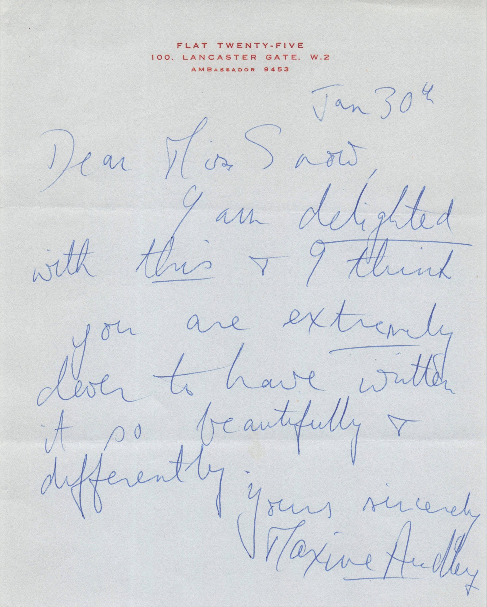 Maxine Audley Peeping Tom Dunkirk Rare Home Headed Paper Hand Signed Letter