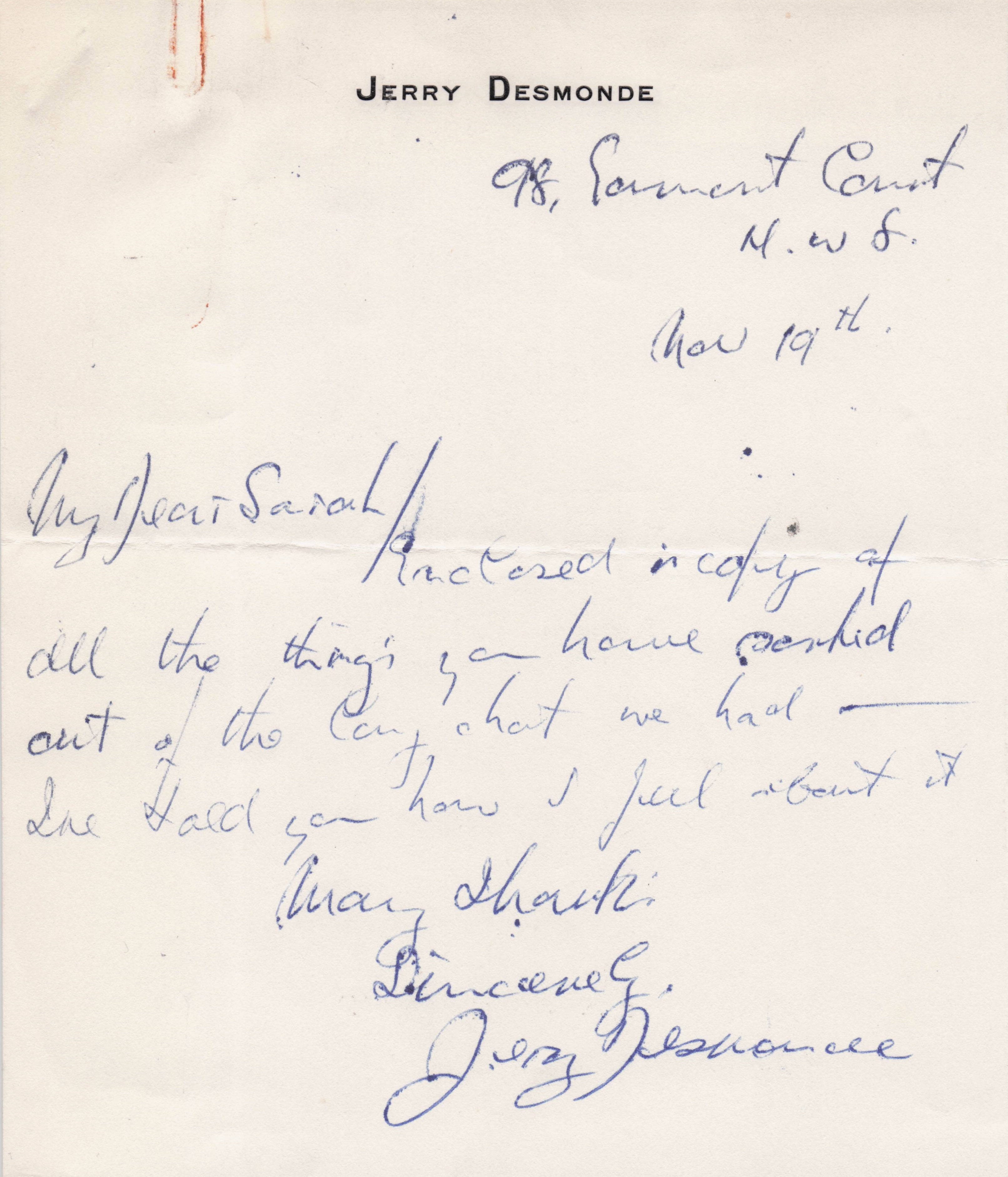 Jerry Desmonde Charlie Chaplin Carry On Films Hand Signed Headed Paper Letter