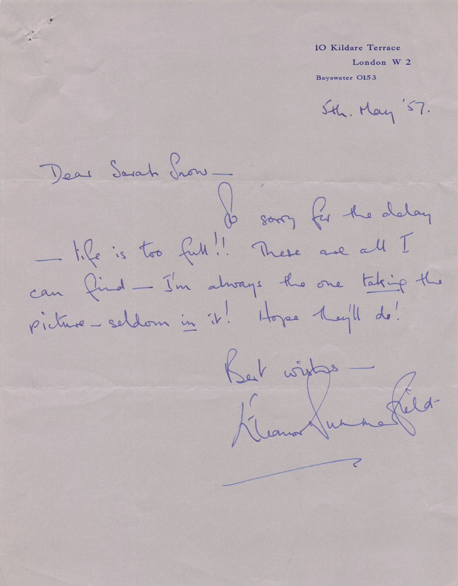 Eleanor Summerfield Actress Headed Paper Hand Signed Antique Letter