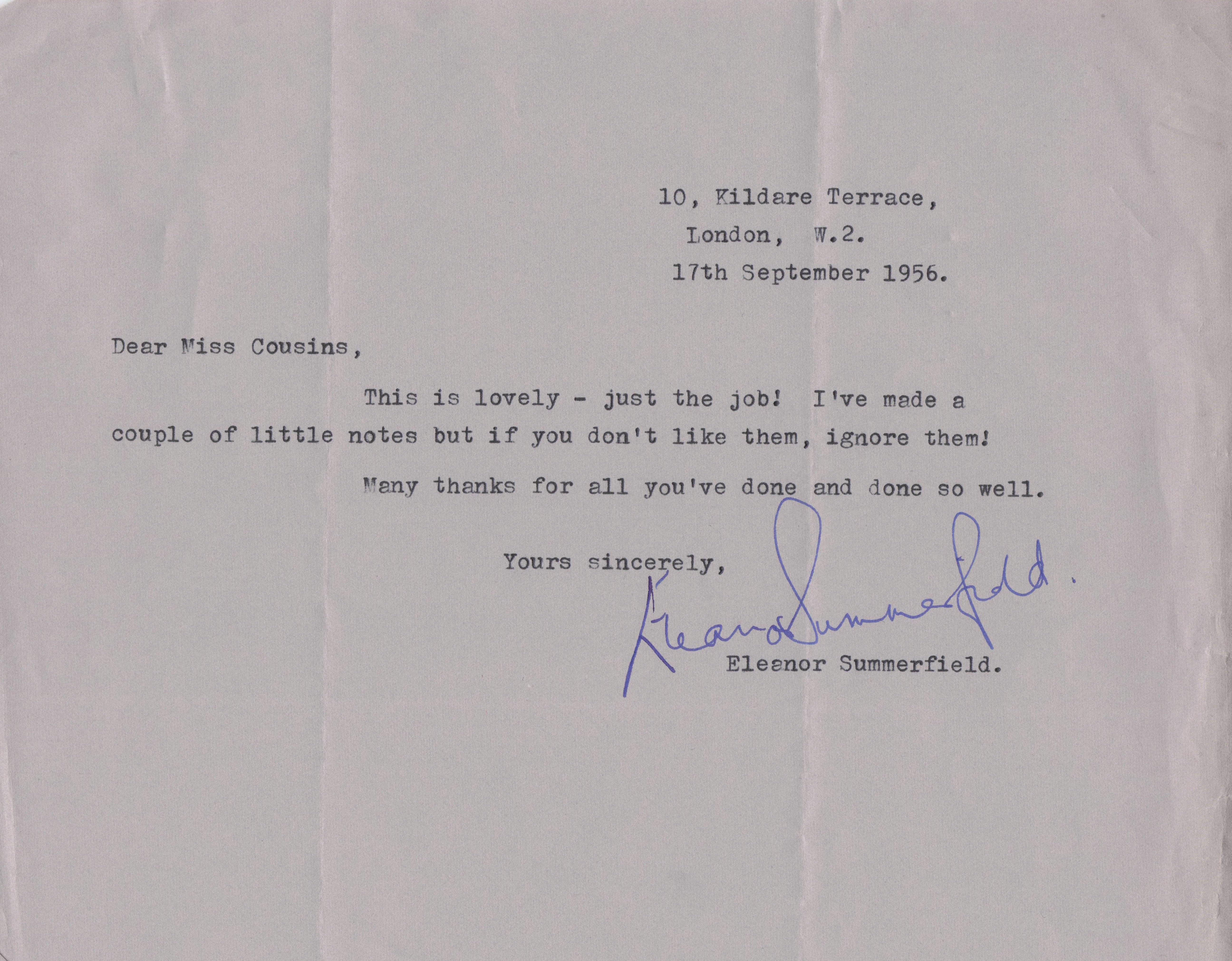 Eleanor Summerfield Actress Headed Paper 1956 Hand Signed Antique Letter