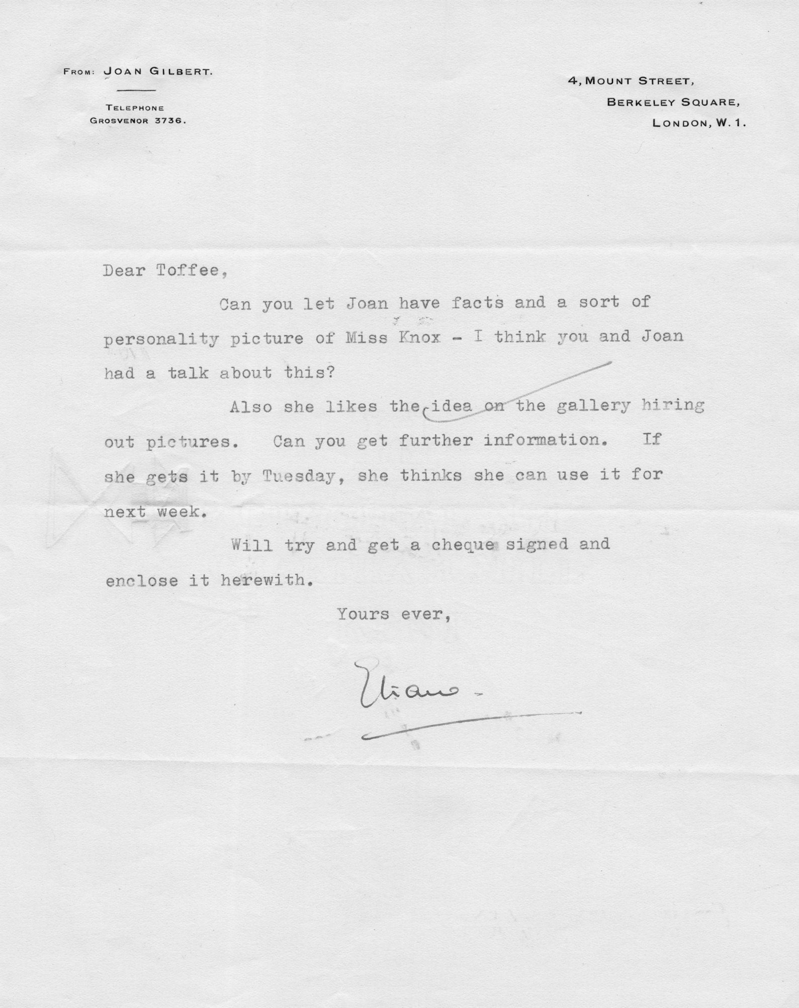 Joan Gilbert BBC TV WW2 Presenter Secretary Gallery Hire Hand Signed Letter