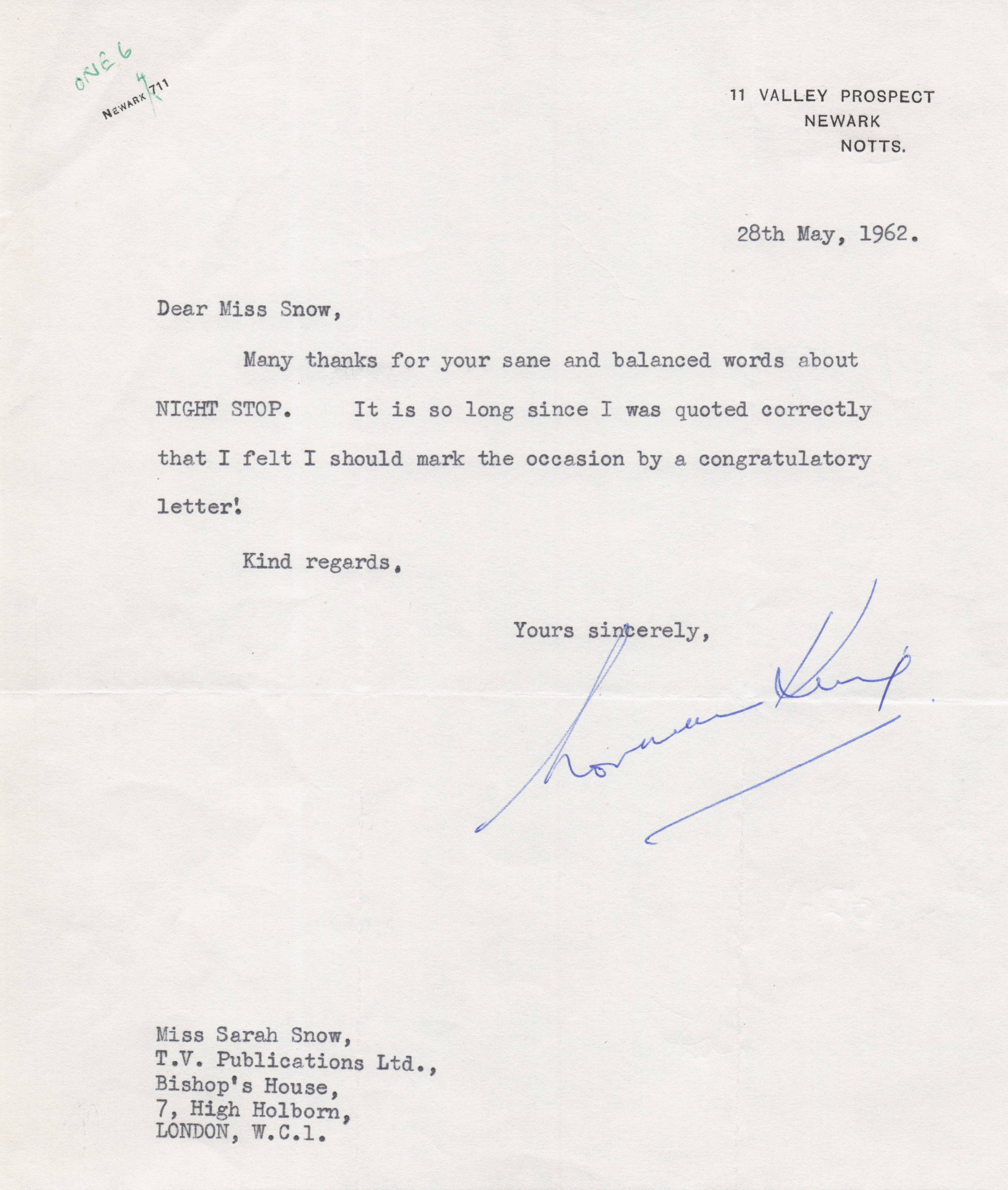 Norman King Playwright The Nigh Stop ITV Armchair Theatre Hand Signed Letter