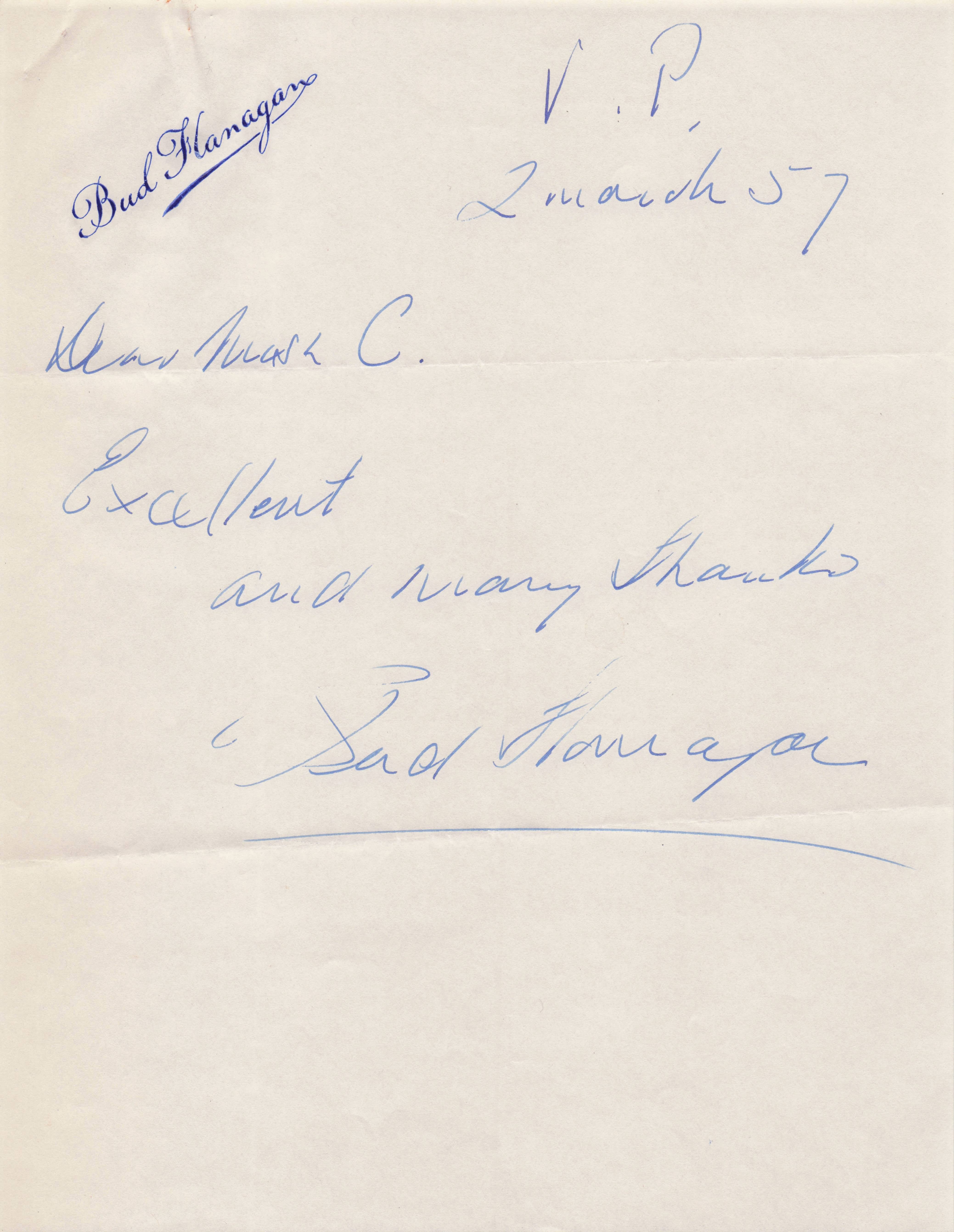 Bud Flanagan Old 1957 Hand Written Signed Letter To Tv Times Headed Paper