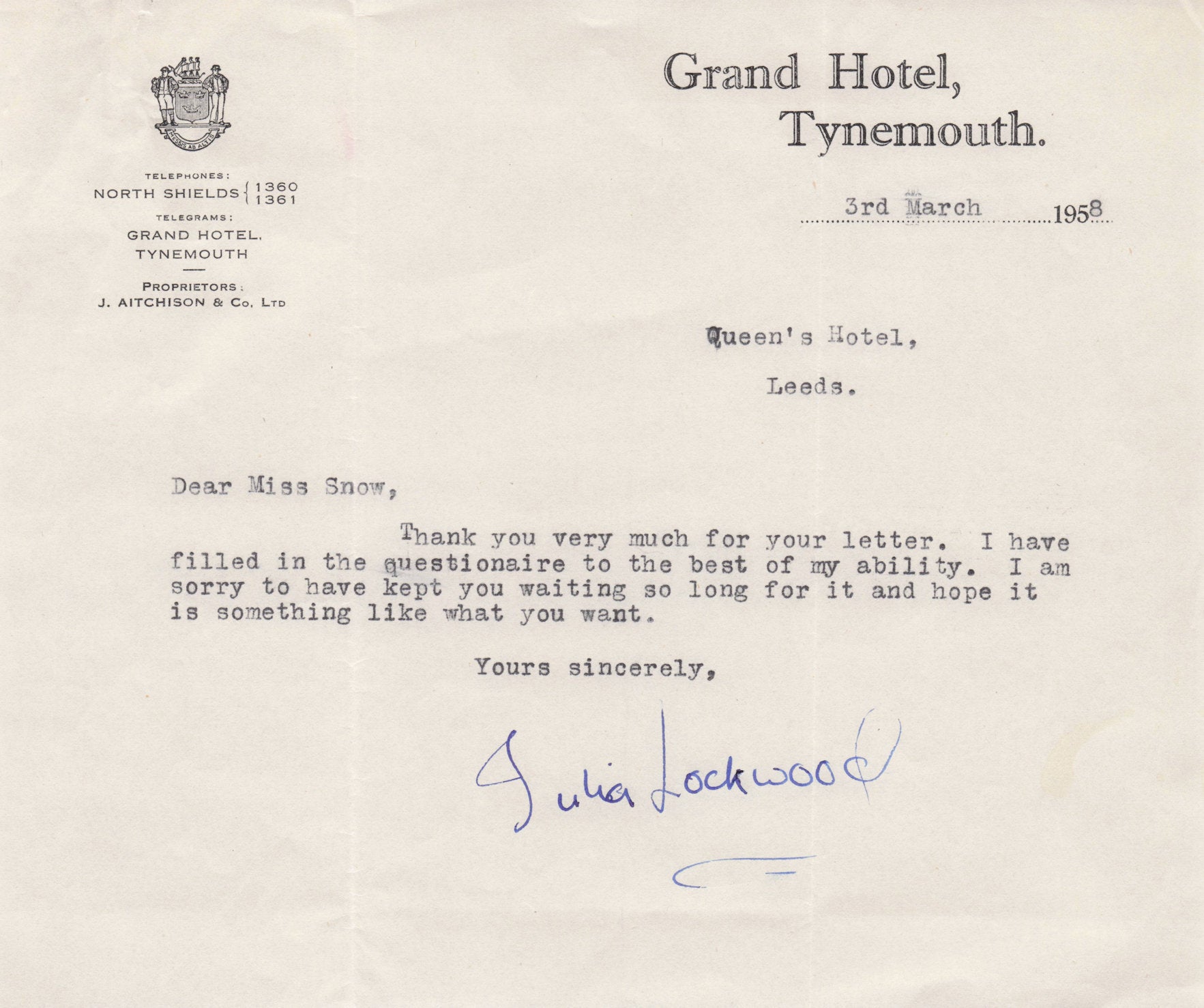 Julia Lockwood Actress of Margaret Tynemouth Hotel 1957 Hand Signed Letter