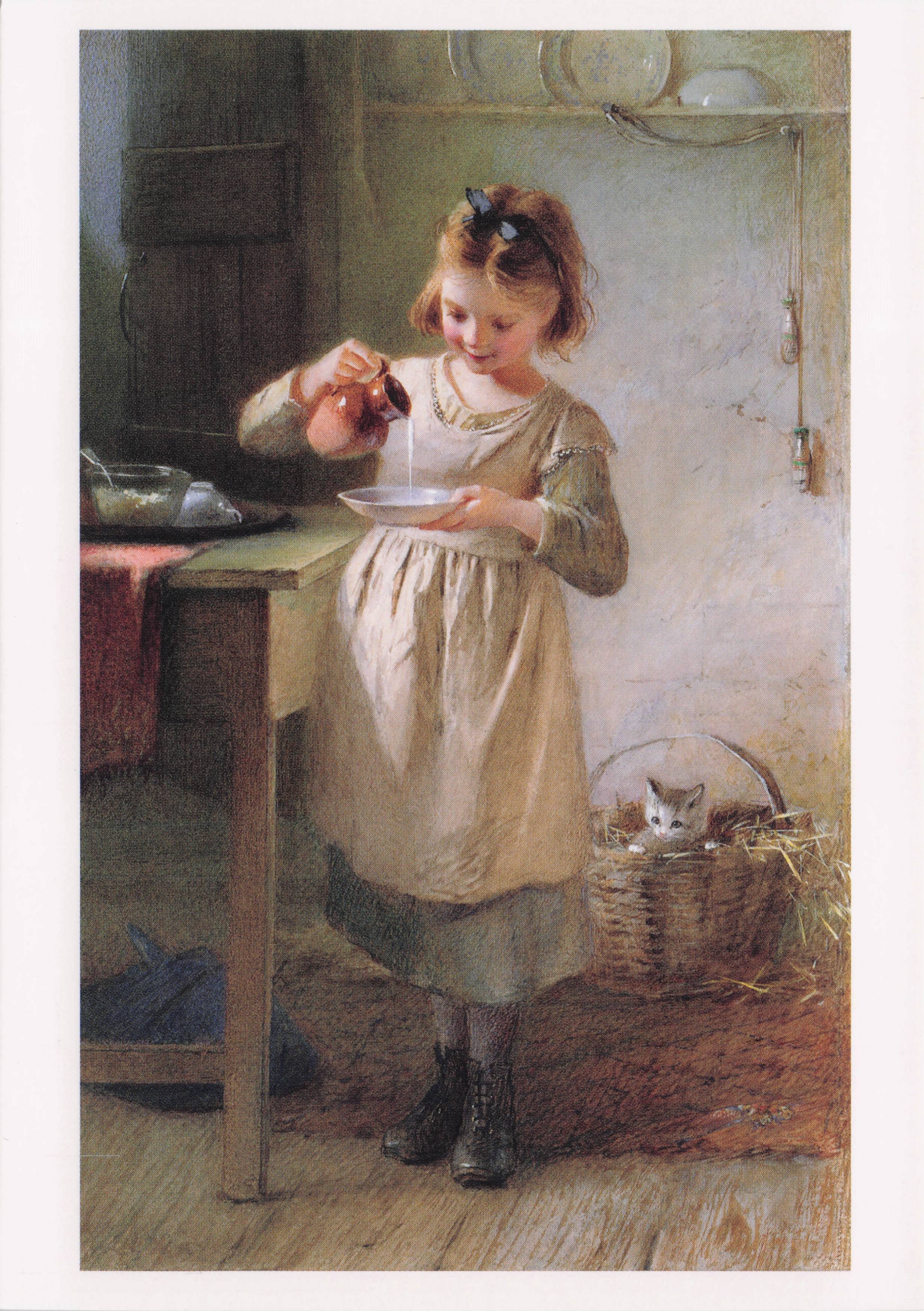 Emily Farmer Kitty's Breakfast Victorian Cottage Cats Milk Cat Painting Postcard