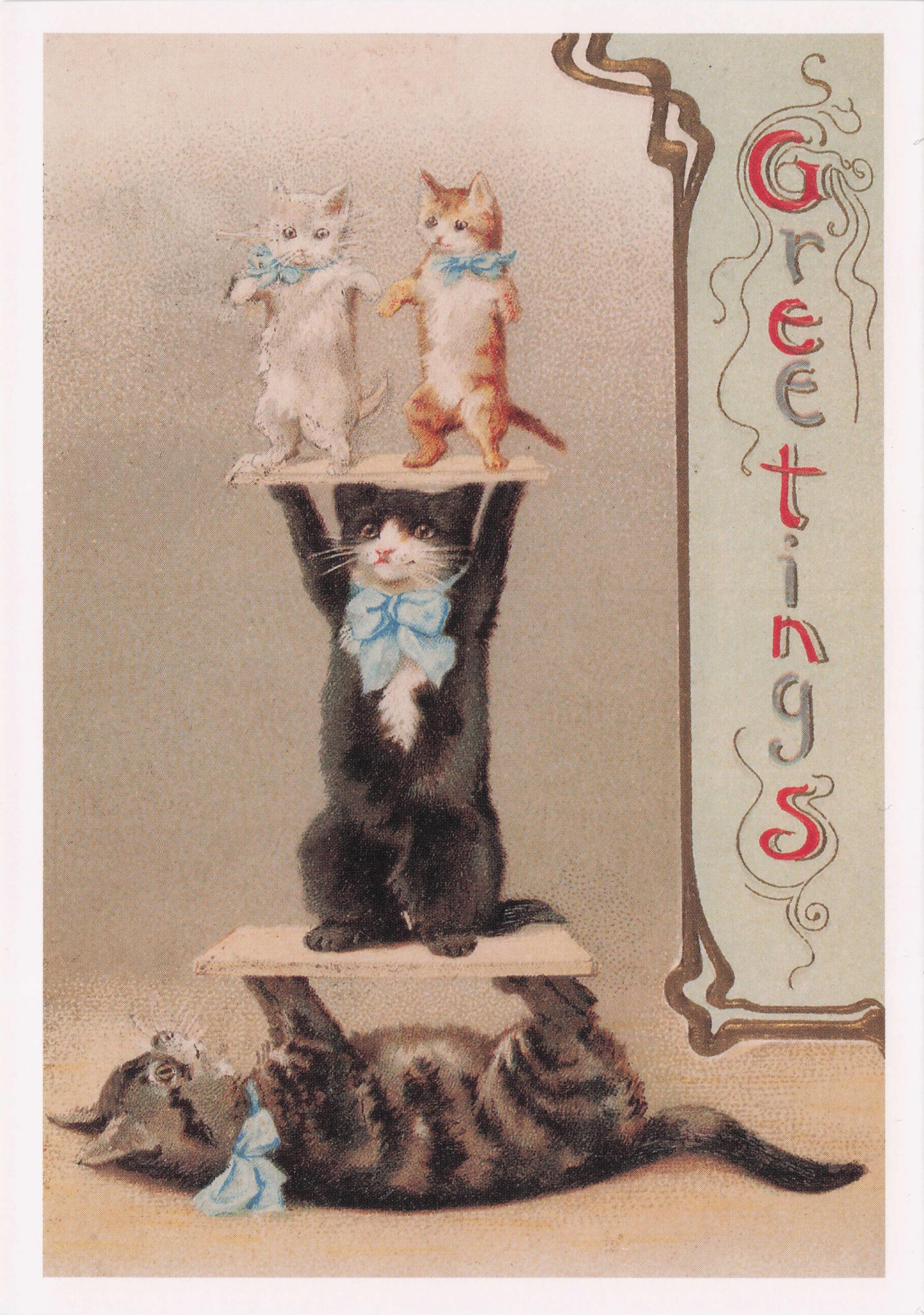 Victorian Circus Cat Old Balancing Act Cats Stunts Christmas Painting Postcard