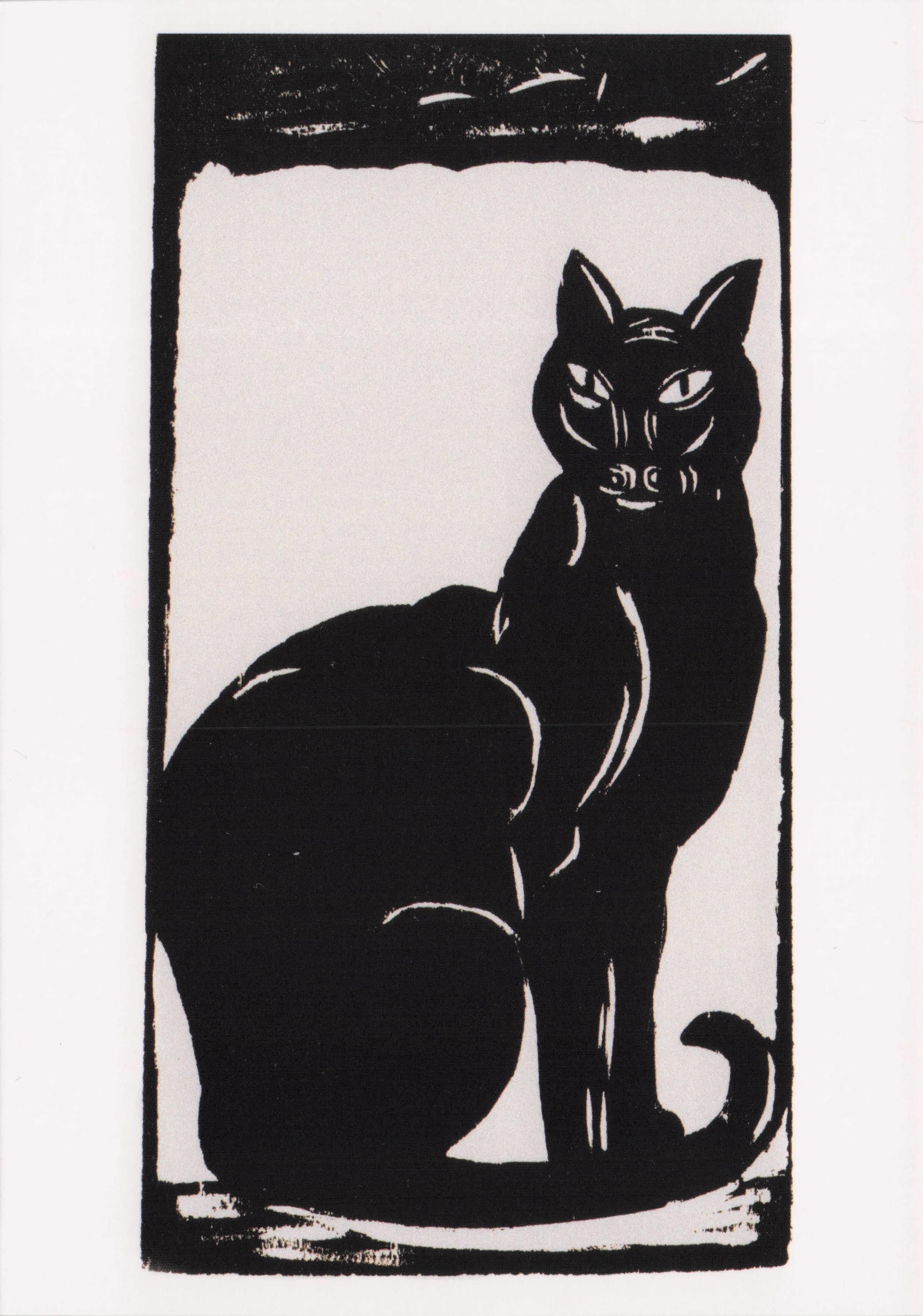 Simon Bussy Antique Black Cat Old WW1 Woodcut Painting Art Postcard