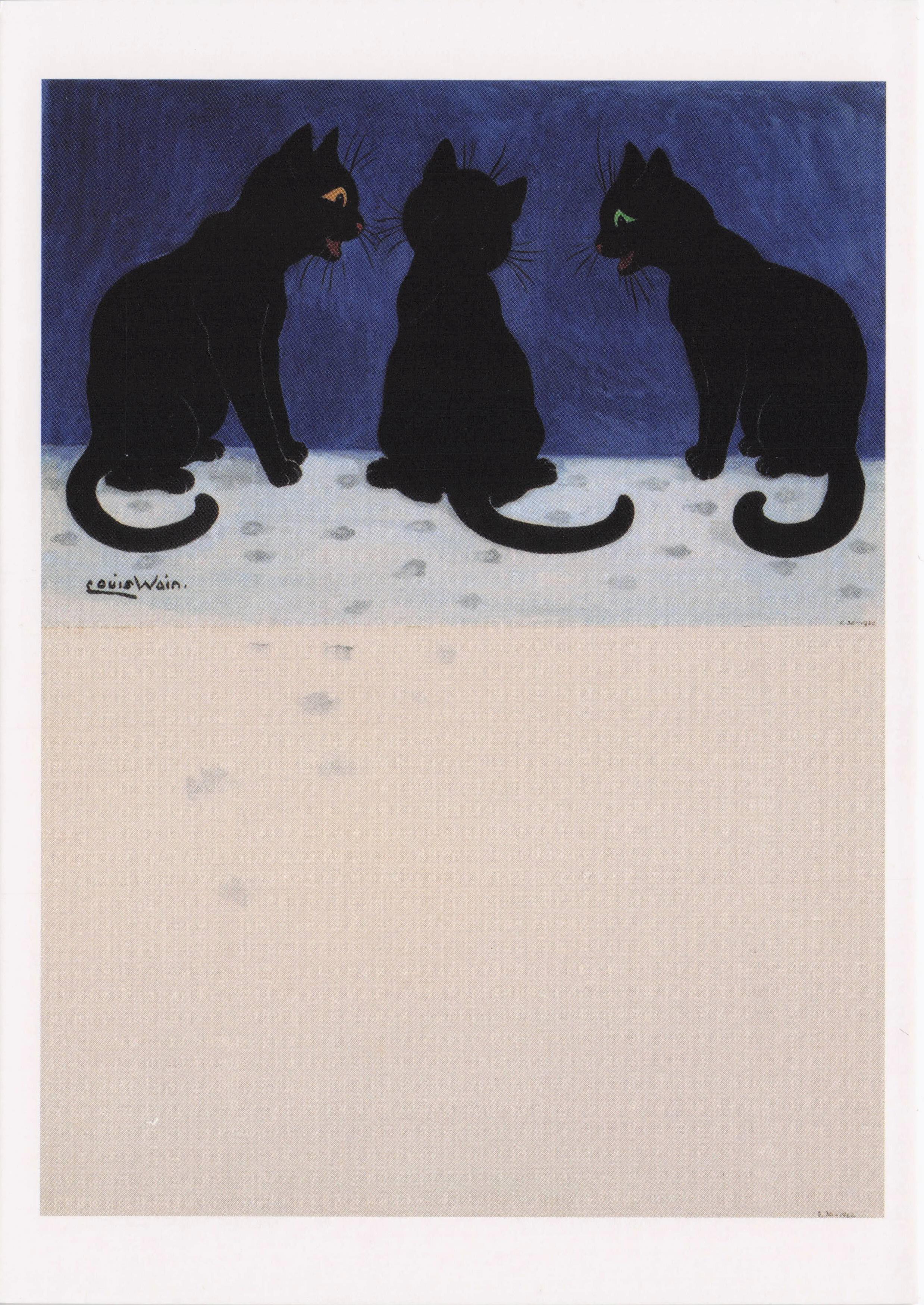 Three Black Cats In The Snow Louis Wain Cat Stunning Repro Painting Postcard