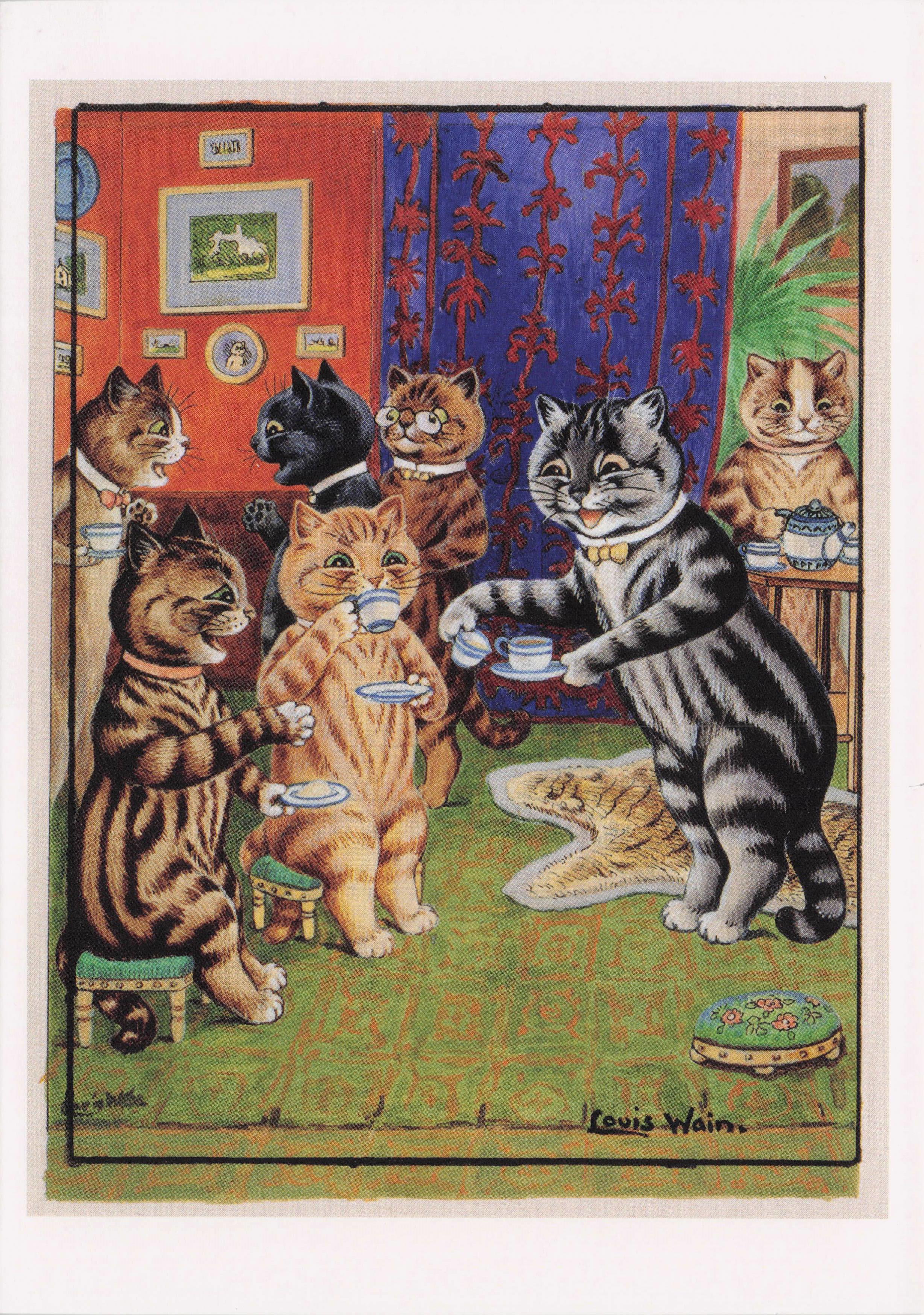 Louis Wain Afternoon At Home Cats Stunning Repro Cat Painting Postcard