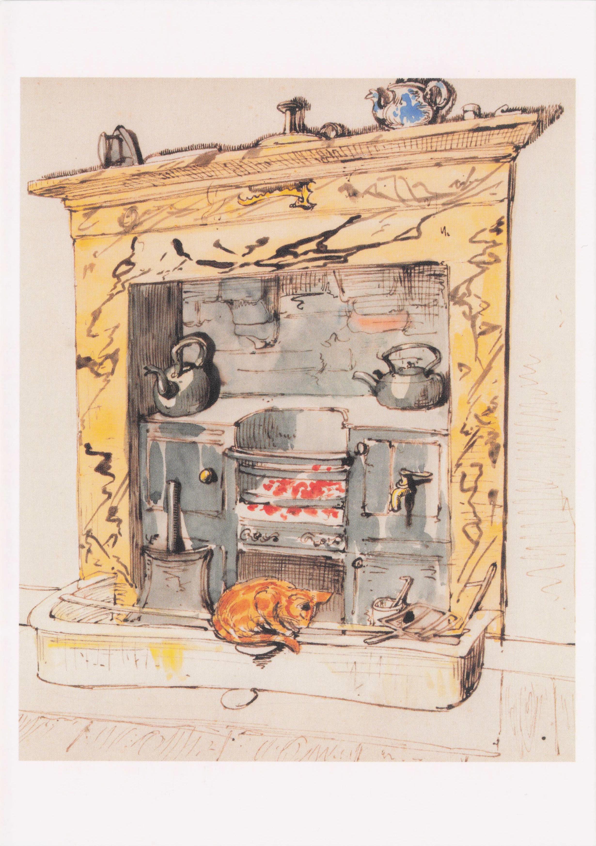 Ernest Griset Drawing Of A Kitchen Stove French Victorian Cat Painting Postcard