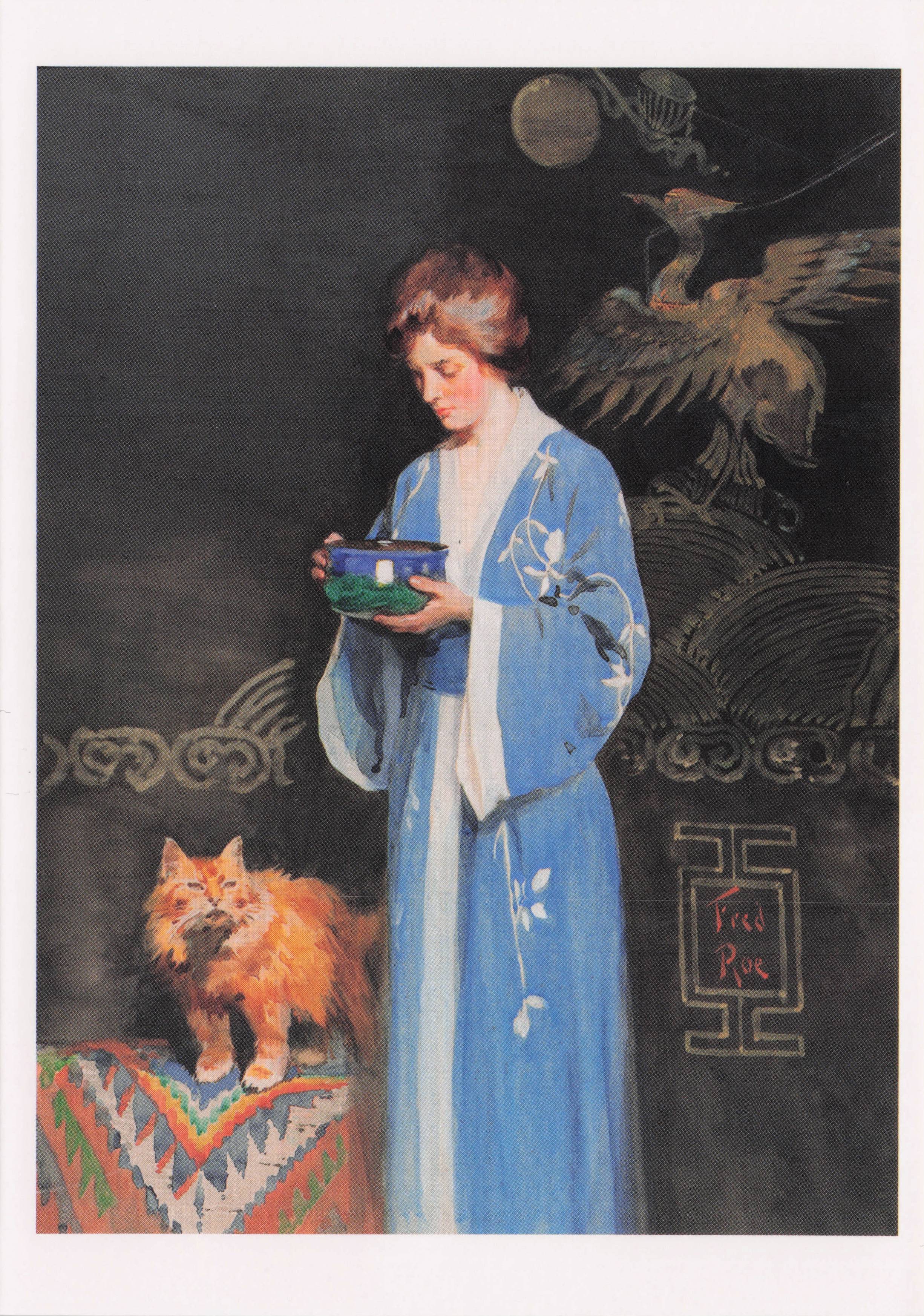 Frederic Fred Roe Blue & Tawny Period Old Ladies Fashion Cat Painting Postcard