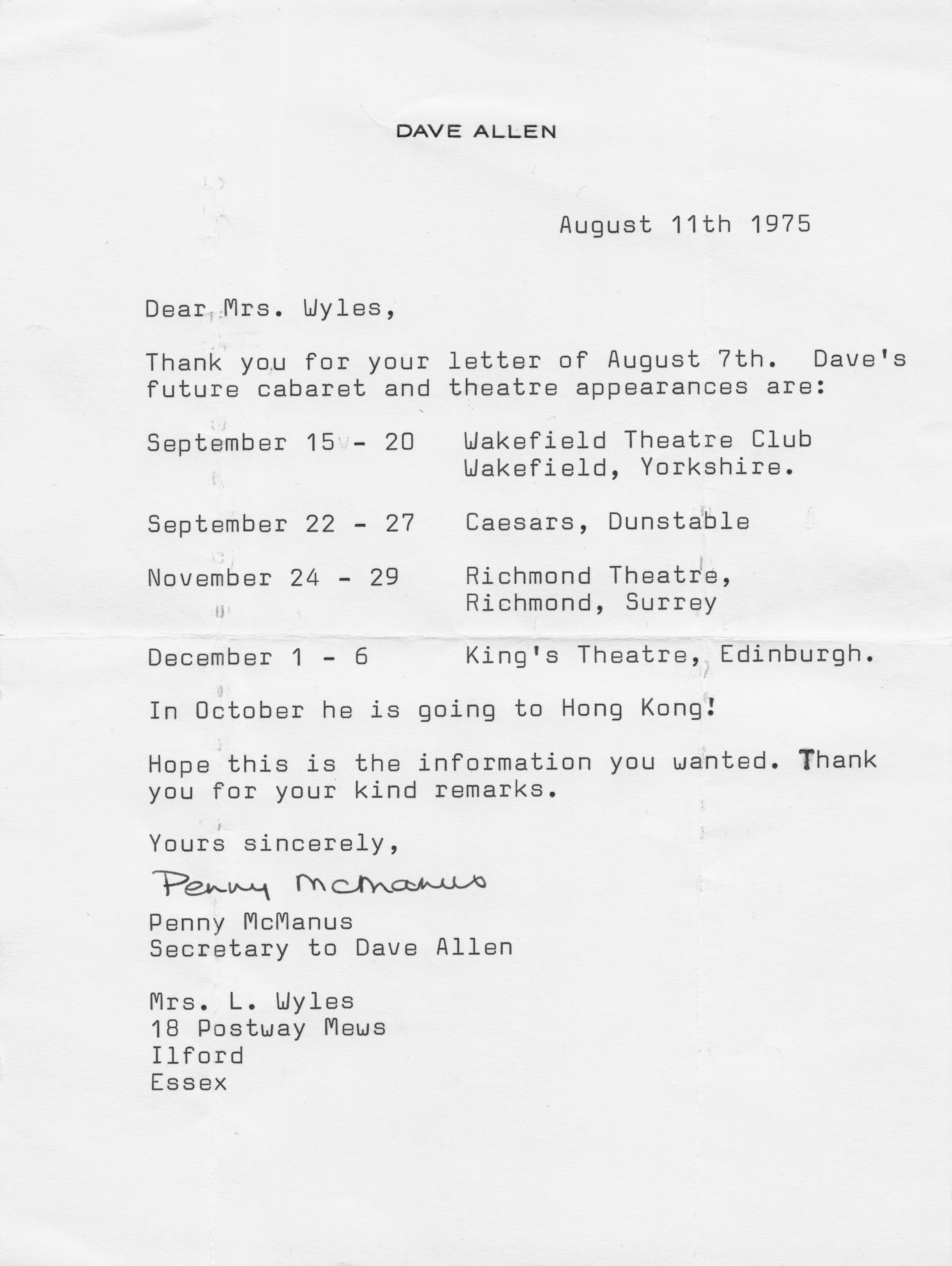 Dave Allen Live Irish Comedian 1975 Hong Kong Headed Paper Hand Signed Letter