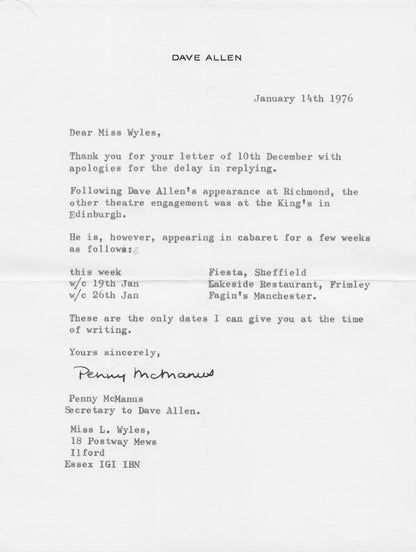 Dave Allen TV Comedian Live 1976 Tour Headed Paper Secretary Signed Letter