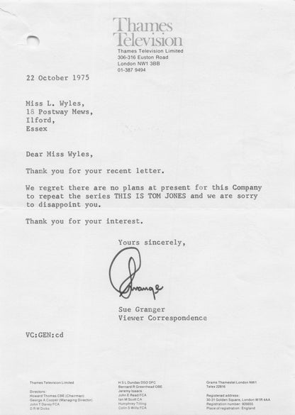 This Is Tom Jones Documentary BBC & ITV TWO Hand Signed 1970s Letter s