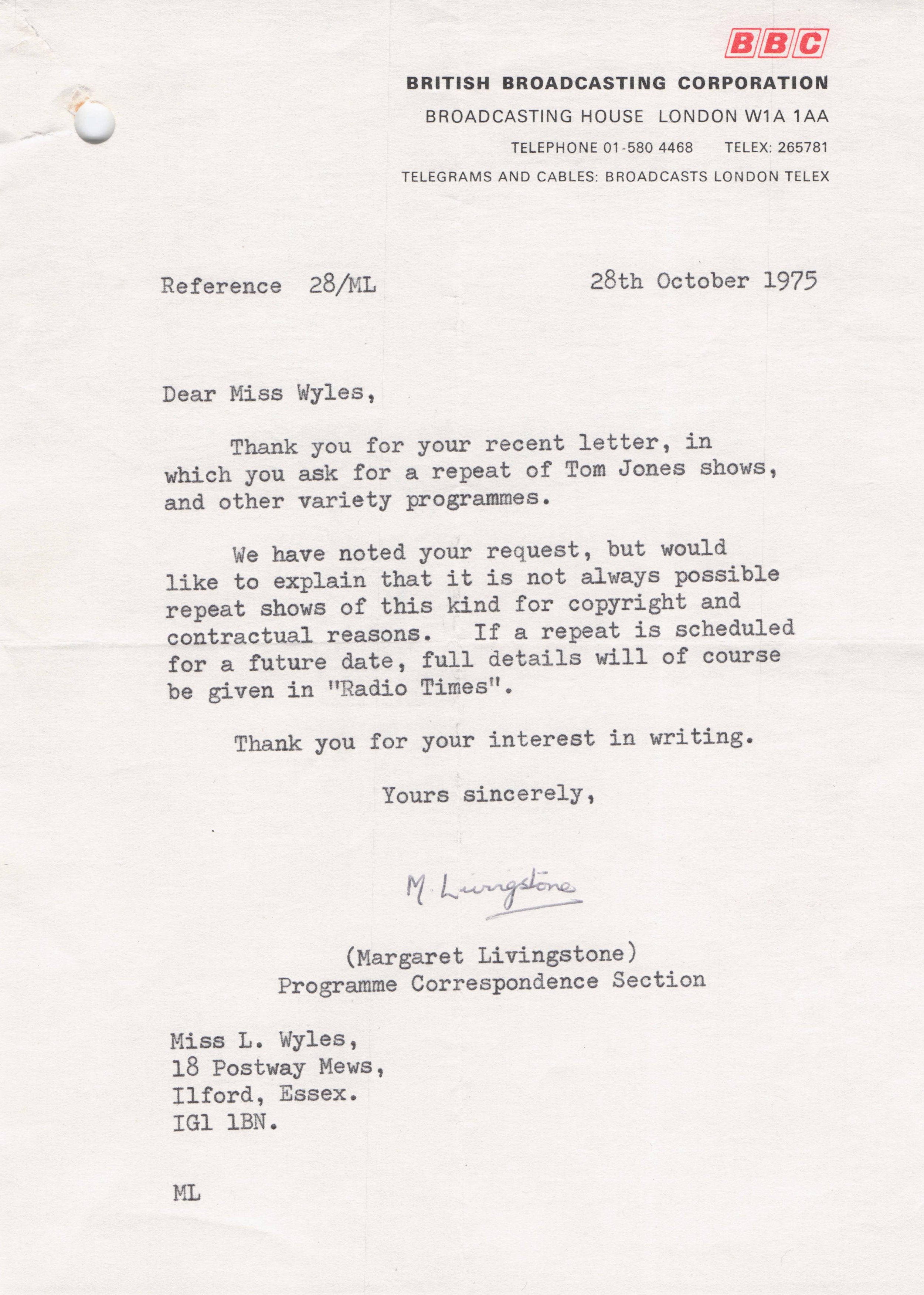 This Is Tom Jones Documentary BBC & ITV TWO Hand Signed 1970s Letter s