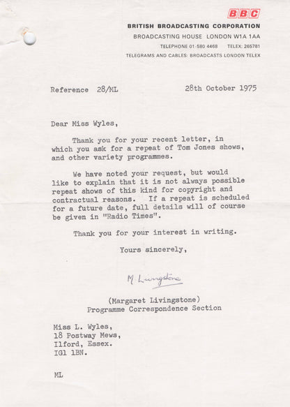 This Is Tom Jones Documentary BBC & ITV TWO Hand Signed 1970s Letter s
