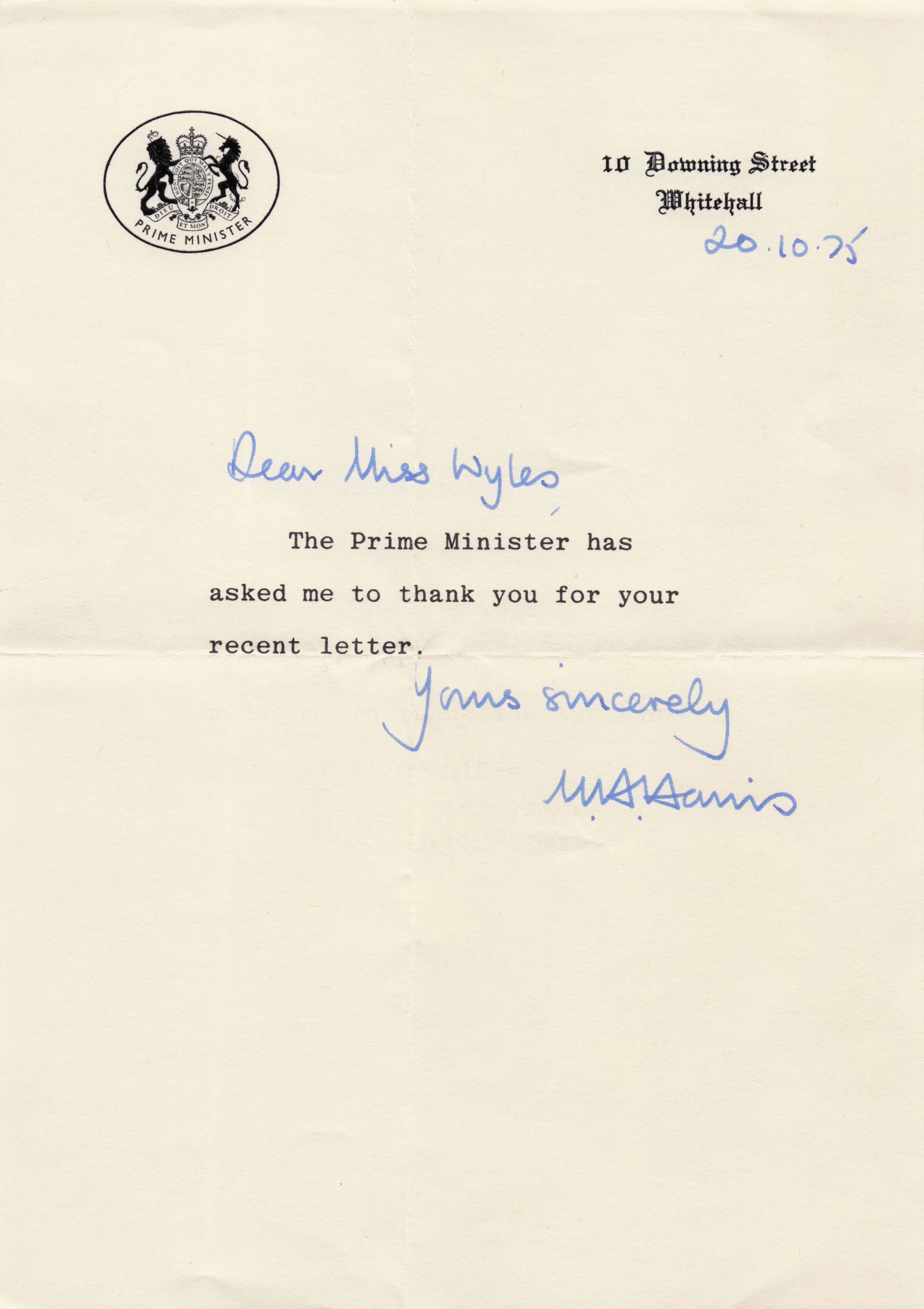 Harold Wilson Prime Minister 1975 Downing Street Secretary Hand Signed Letter
