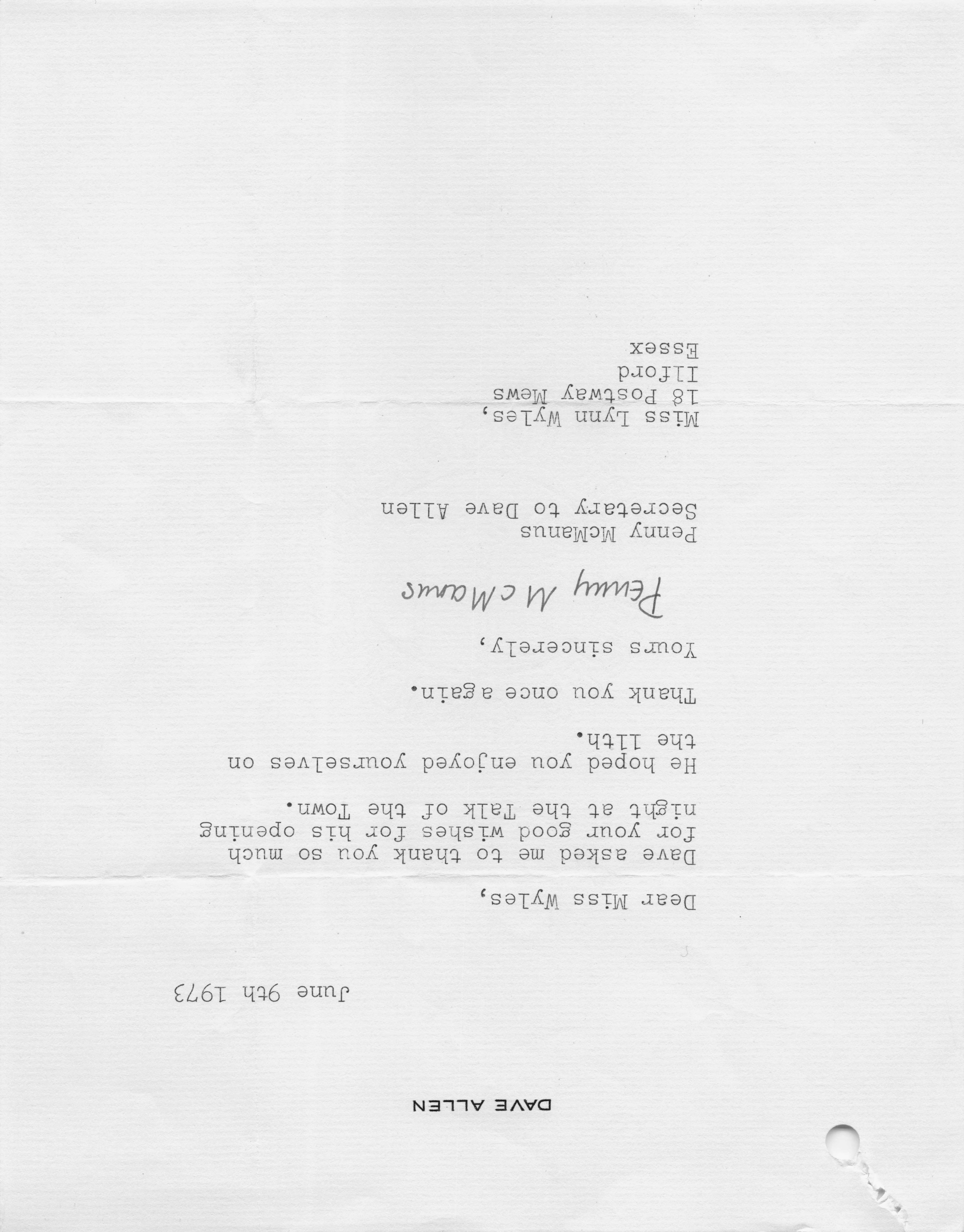 Dave Allen Irish Comedian Talk Of The Town Secretary 1973 Hand Signed Letter