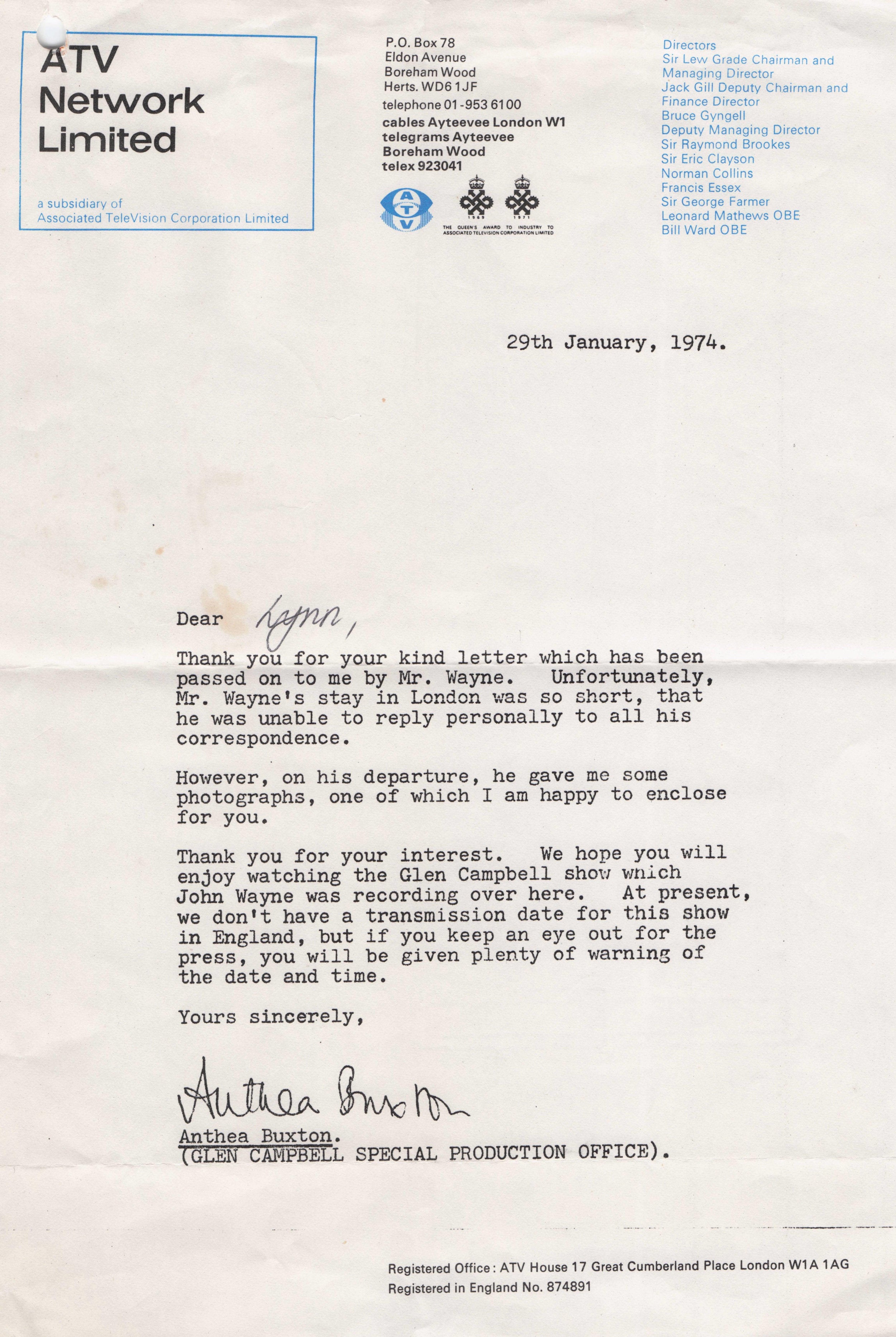 John Wayne Production Office London Visit Secretary ATV 1974 Hand Signed Letter