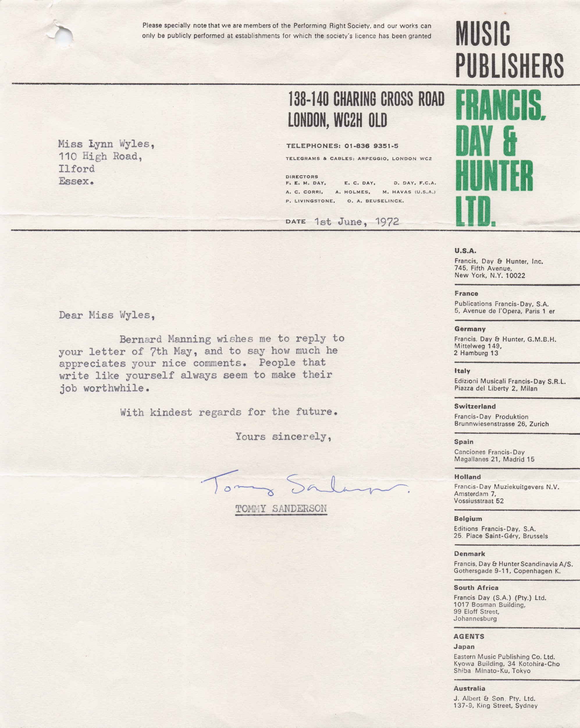 Tommy Sanderson Bernard Manning Singer Comedian Publisher Hand Signed Letter