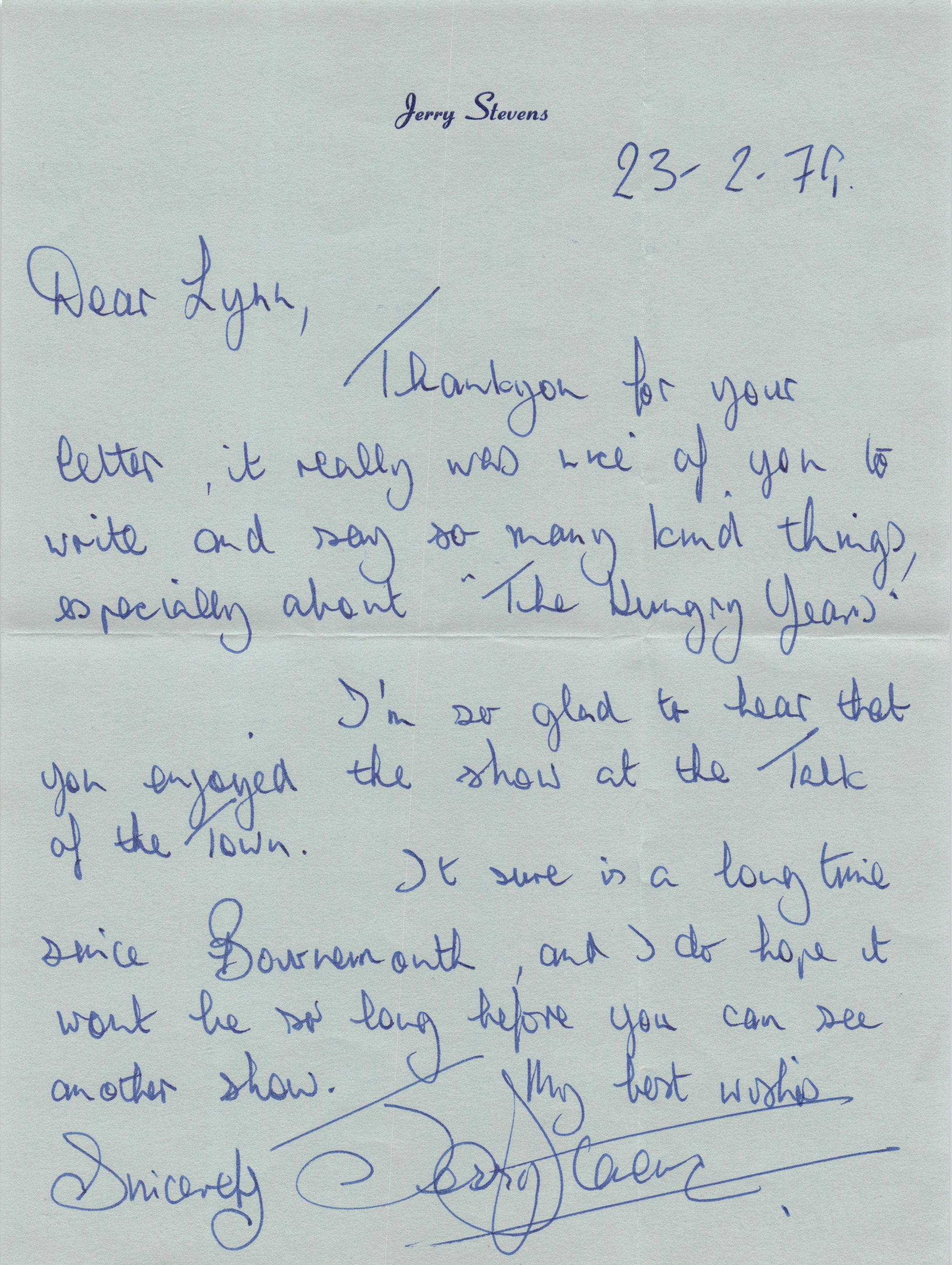 Jerry Stevens Comedian Singer 1970s Hand Signed Headed Paper Letter
