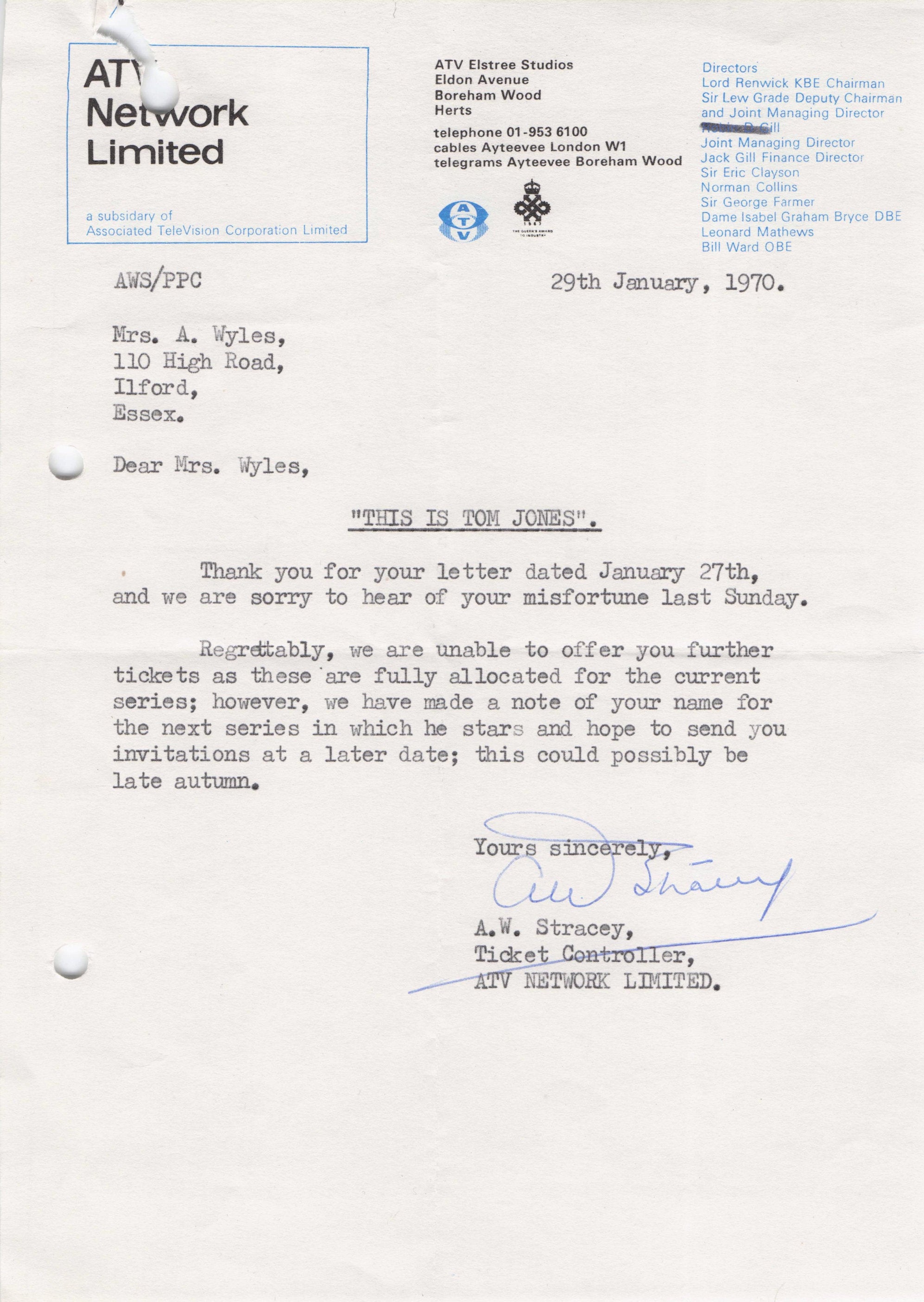 This Is Tom Jones ATV LWT 2x 1970s Secretary Documentary Hand Signed Letter s