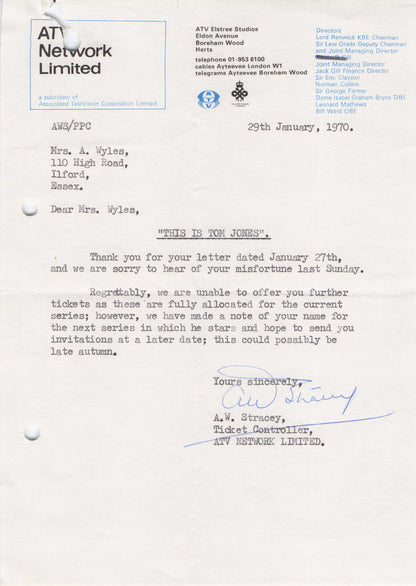This Is Tom Jones ATV LWT 2x 1970s Secretary Documentary Hand Signed Letter s