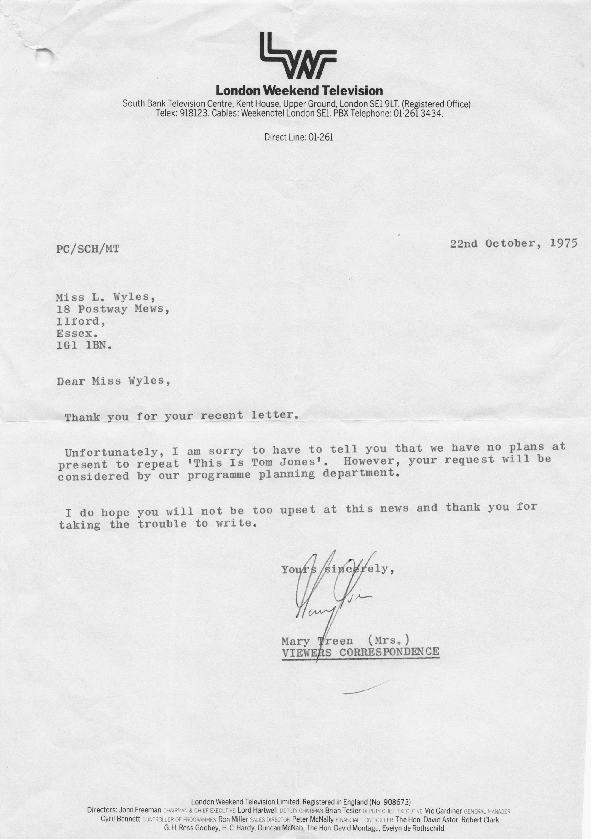 This Is Tom Jones ATV LWT 2x 1970s Secretary Documentary Hand Signed Letter s
