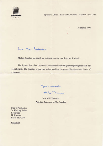 Betty Boothroyd Speaker Of House Of Commons Politics Hand Signed Photo & MORE