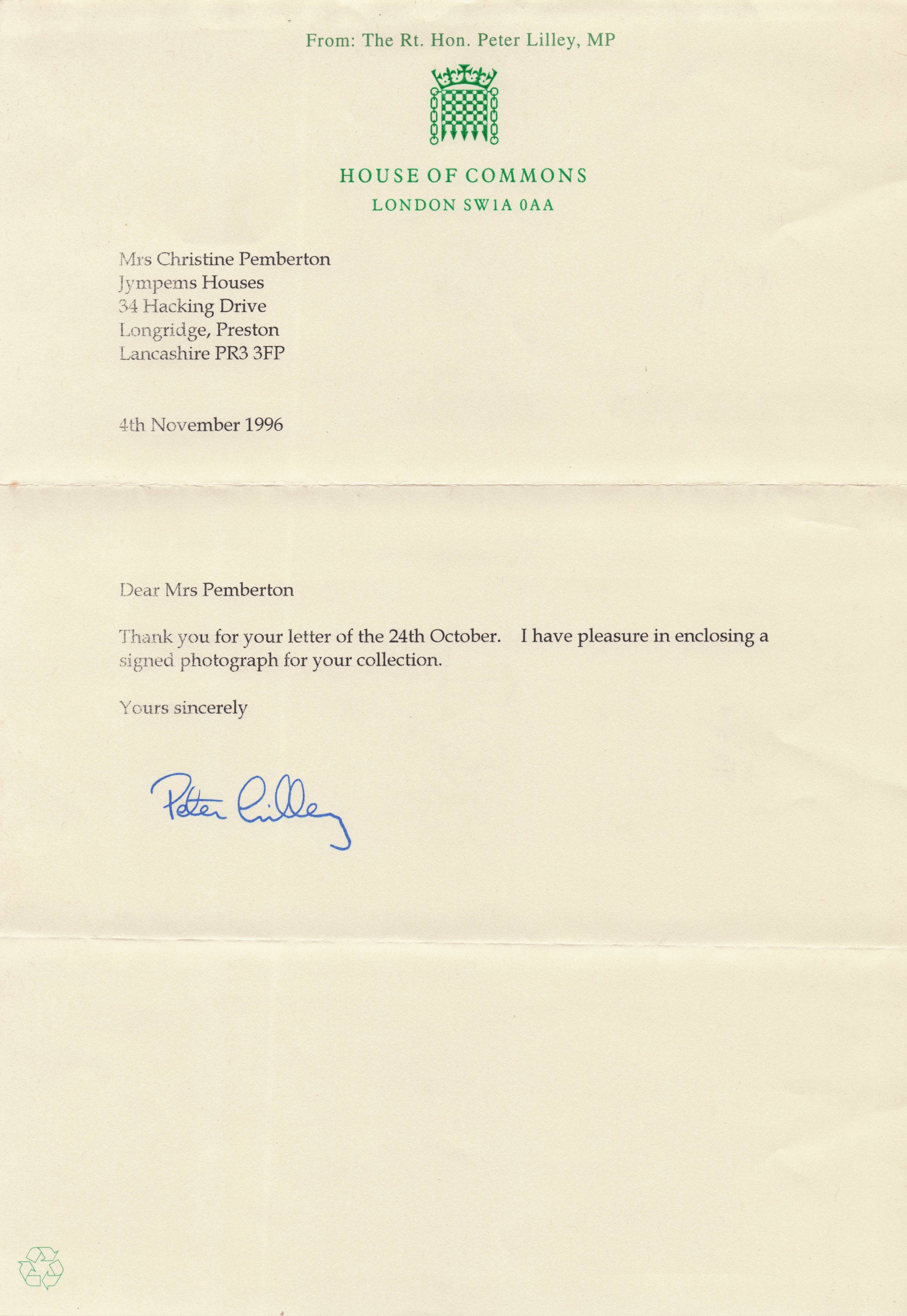 Peter Lilley Conservative MP Politician Hand Signed Photo & MORE HOC Letter
