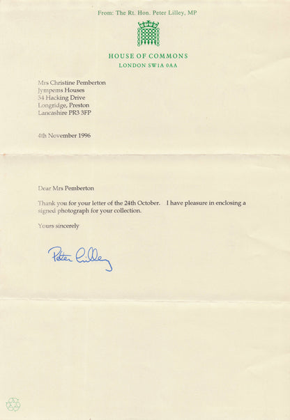 Peter Lilley Conservative MP Politician Hand Signed Photo & MORE HOC Letter