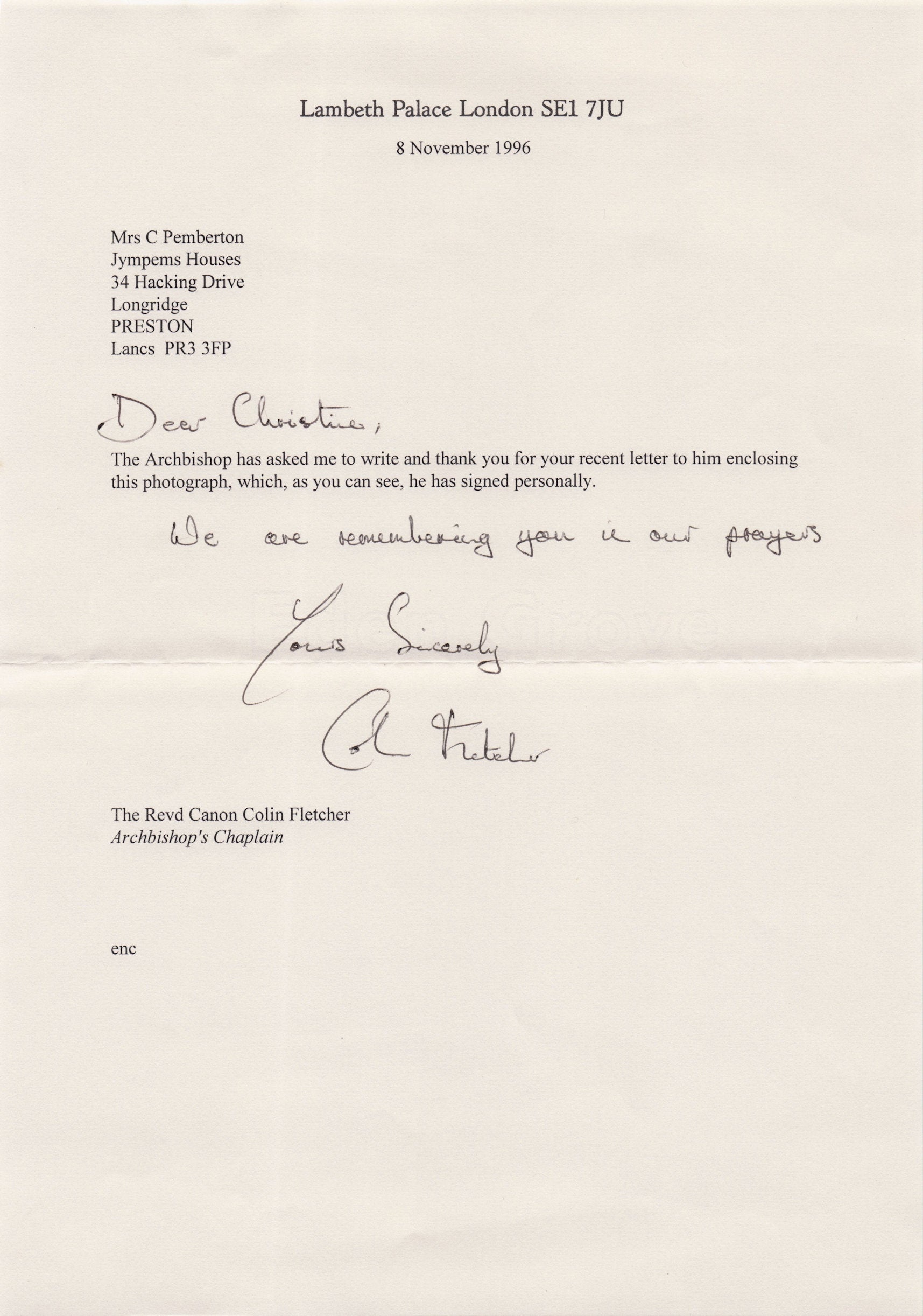 Colin Fletcher Archbishop Of Dorchester Oxford Lambeth Palace Hand Signed Letter