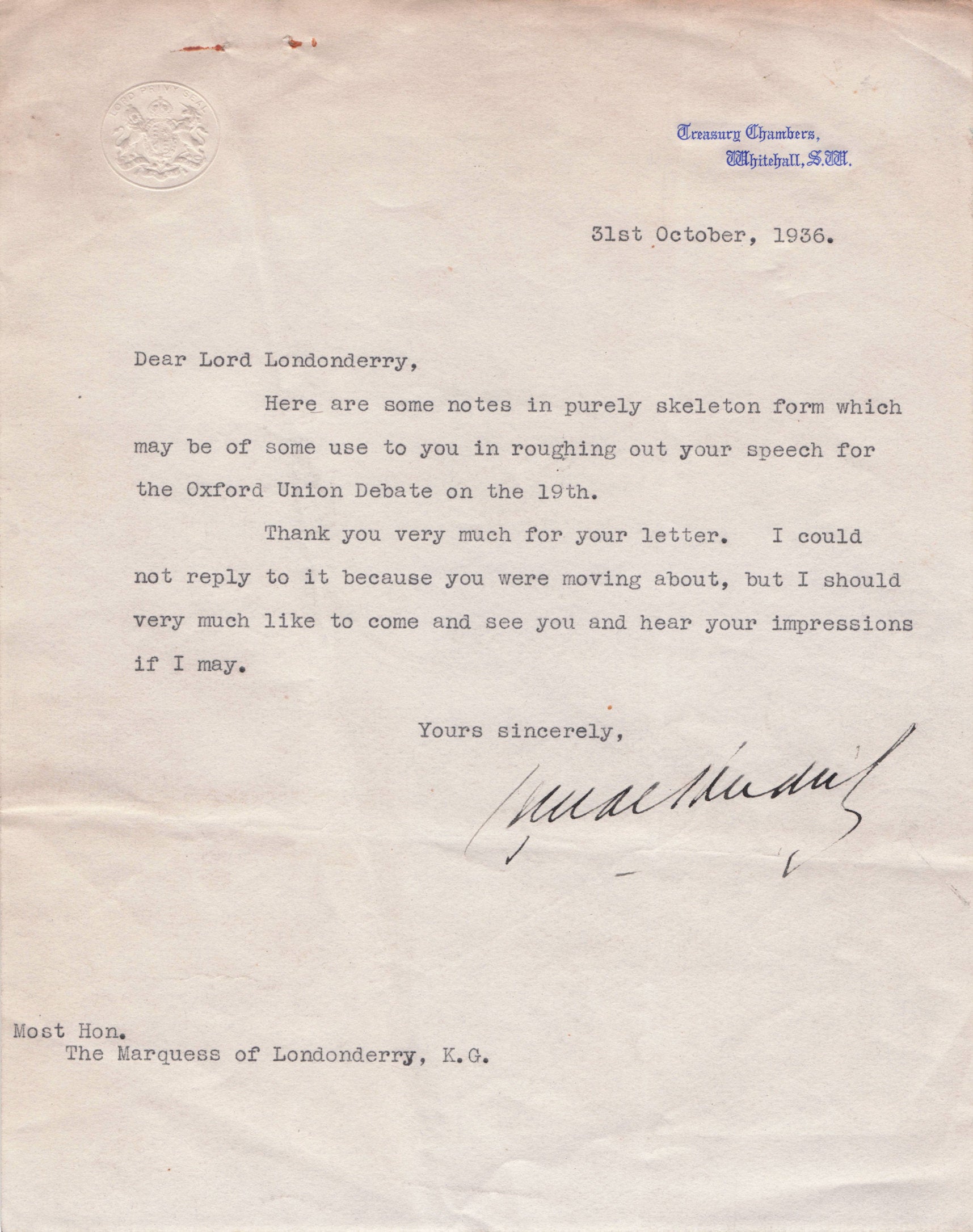Lord Londonderry 1936 Oxford Anti Nazi Speech Hand Signed Whitehall Old Letter