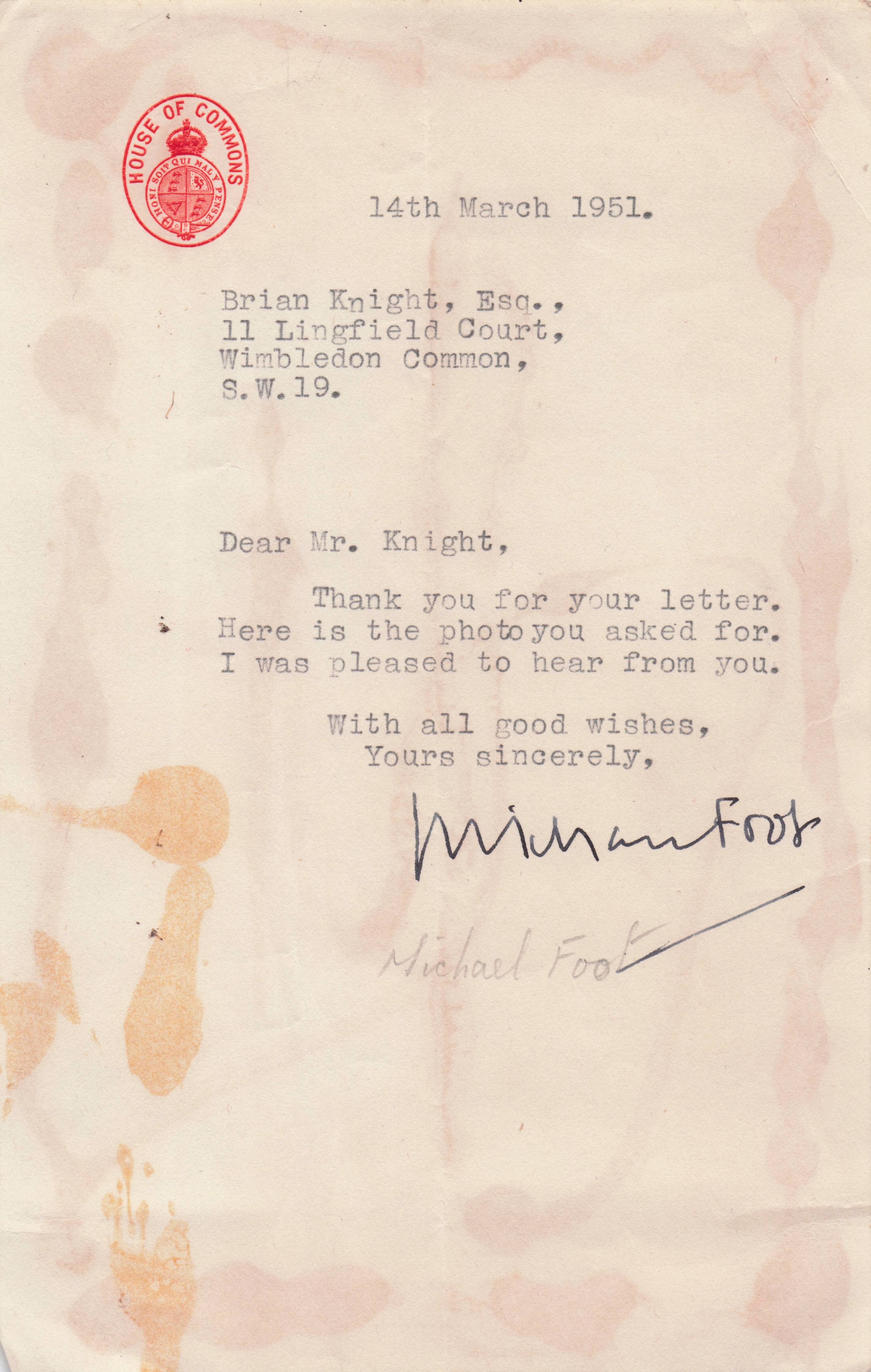 Michael Foot Plymouth Labour MP Antique House Of Commons Hand Signed Letter