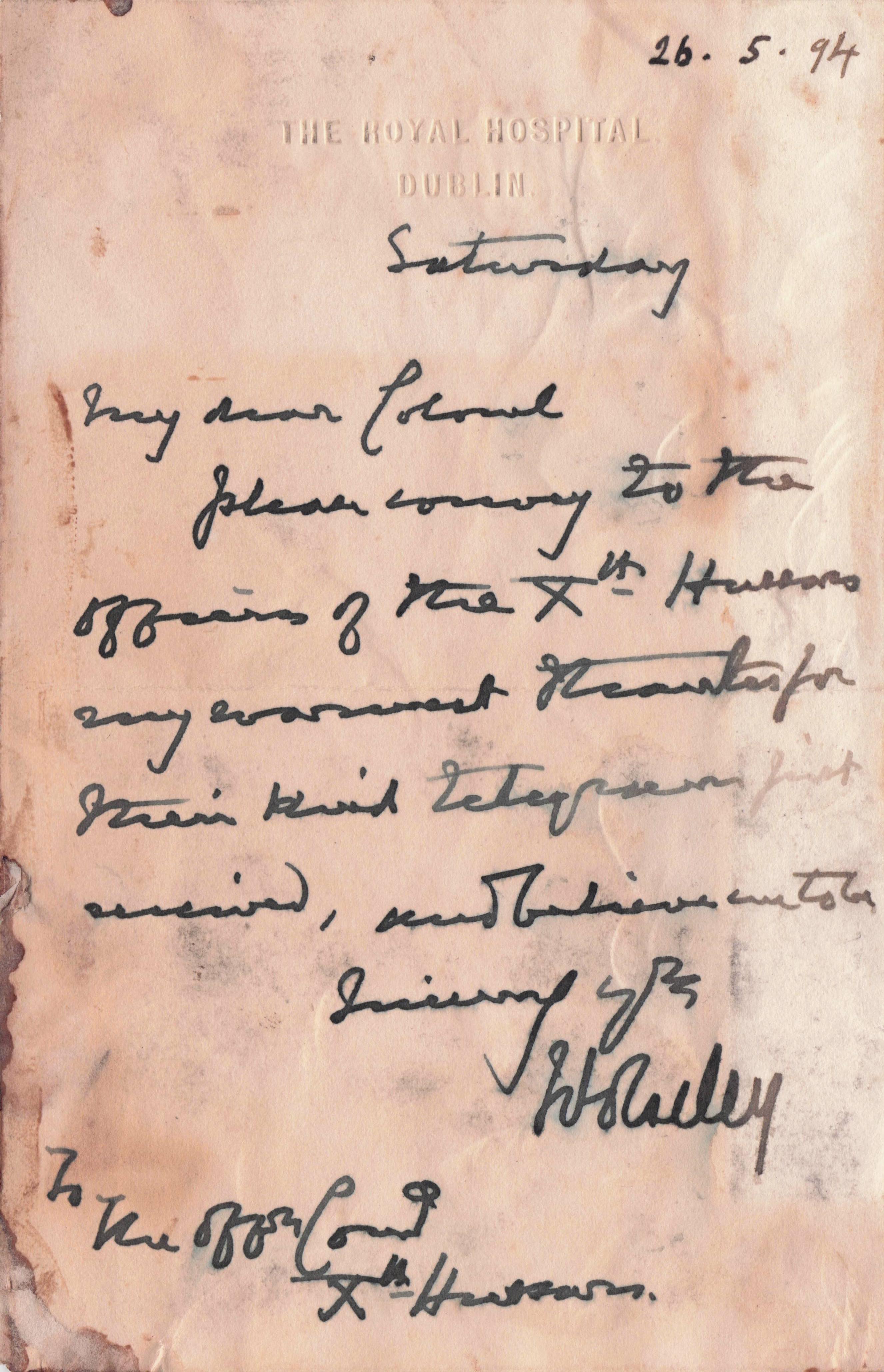Field Marshall Garnet Wolseley Irish Dublin Hospital Military War Hand Signed Letter