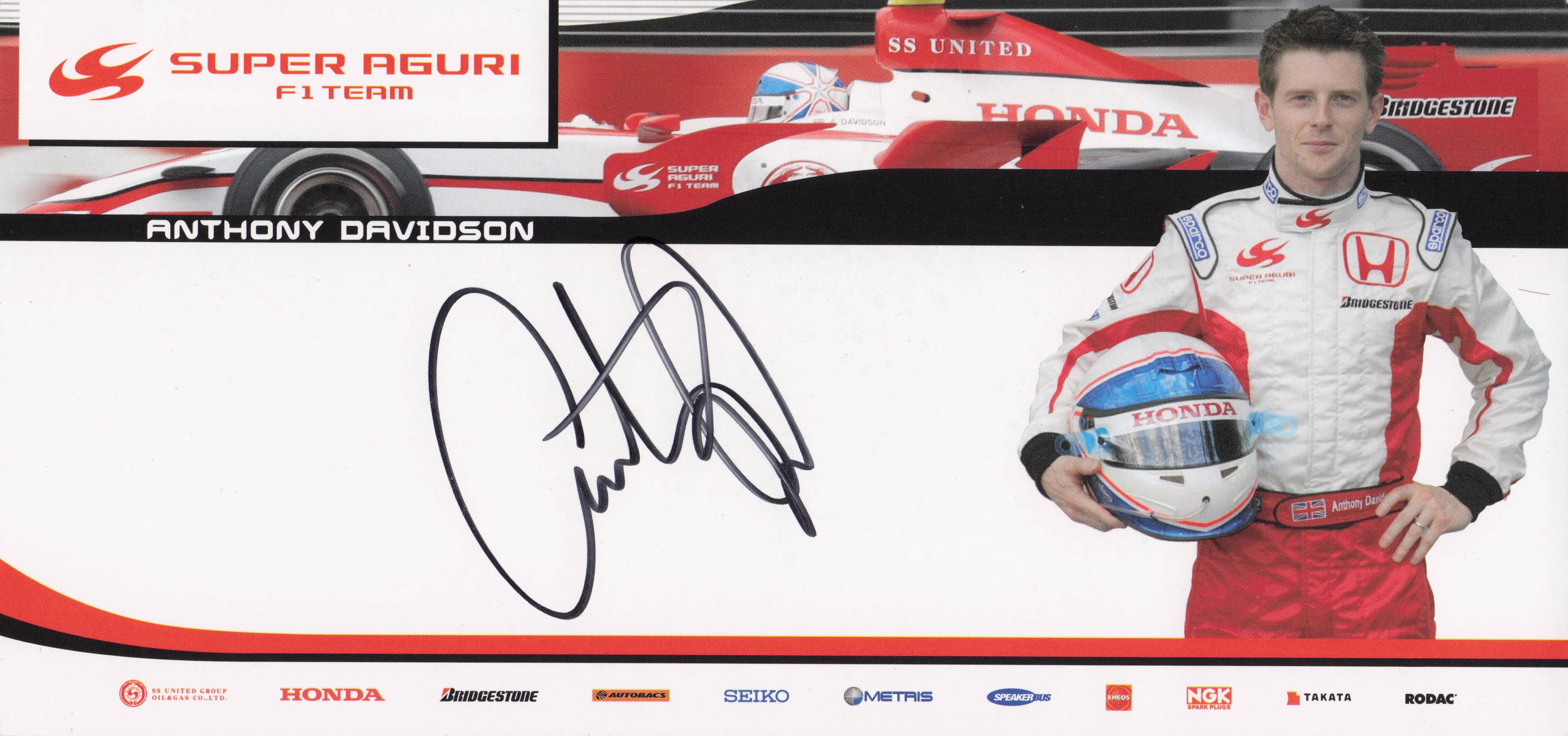 Anthony Davidson Formula 1 Grand Prix Super Aguri Large Team Hand Signed Photo