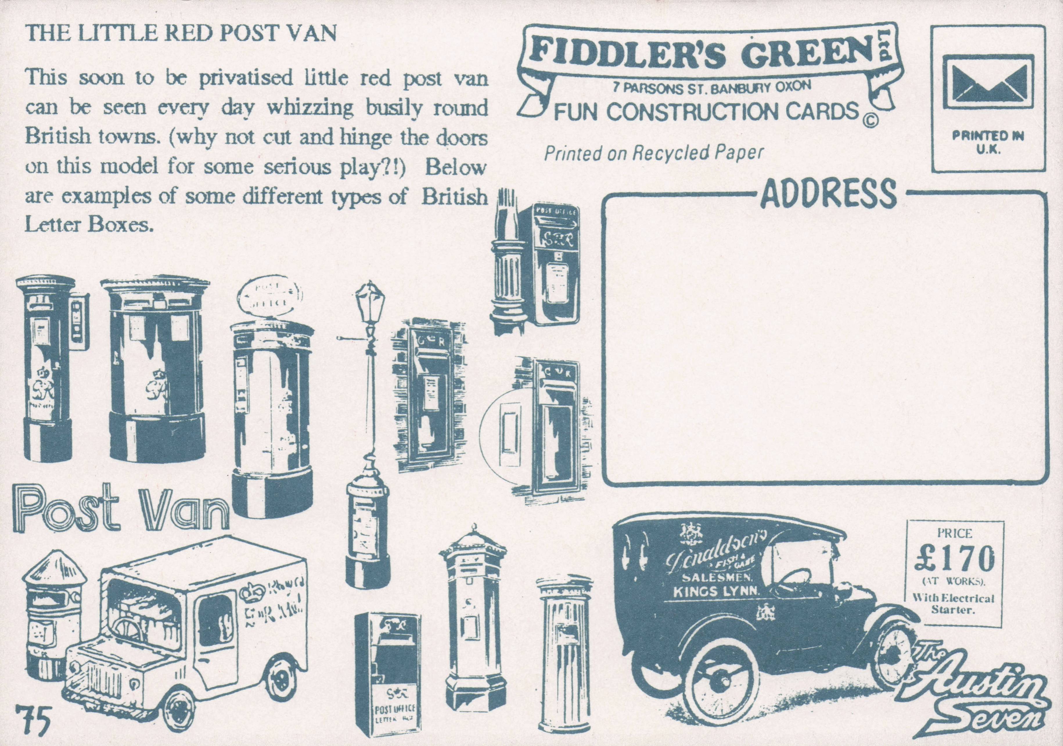 Royal Mail Post Van & Letter Pillar Box Rare Vintage Crafts Paper Model Postcard