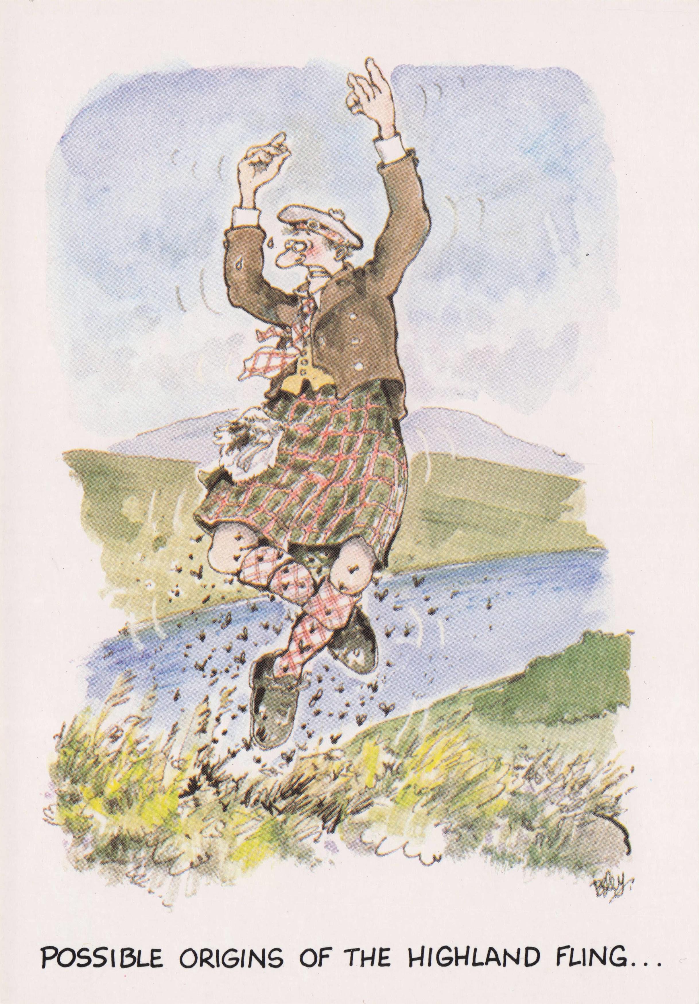 Scottish Highland Fling Insects Biting Private Parts Scotland Comic Postcard