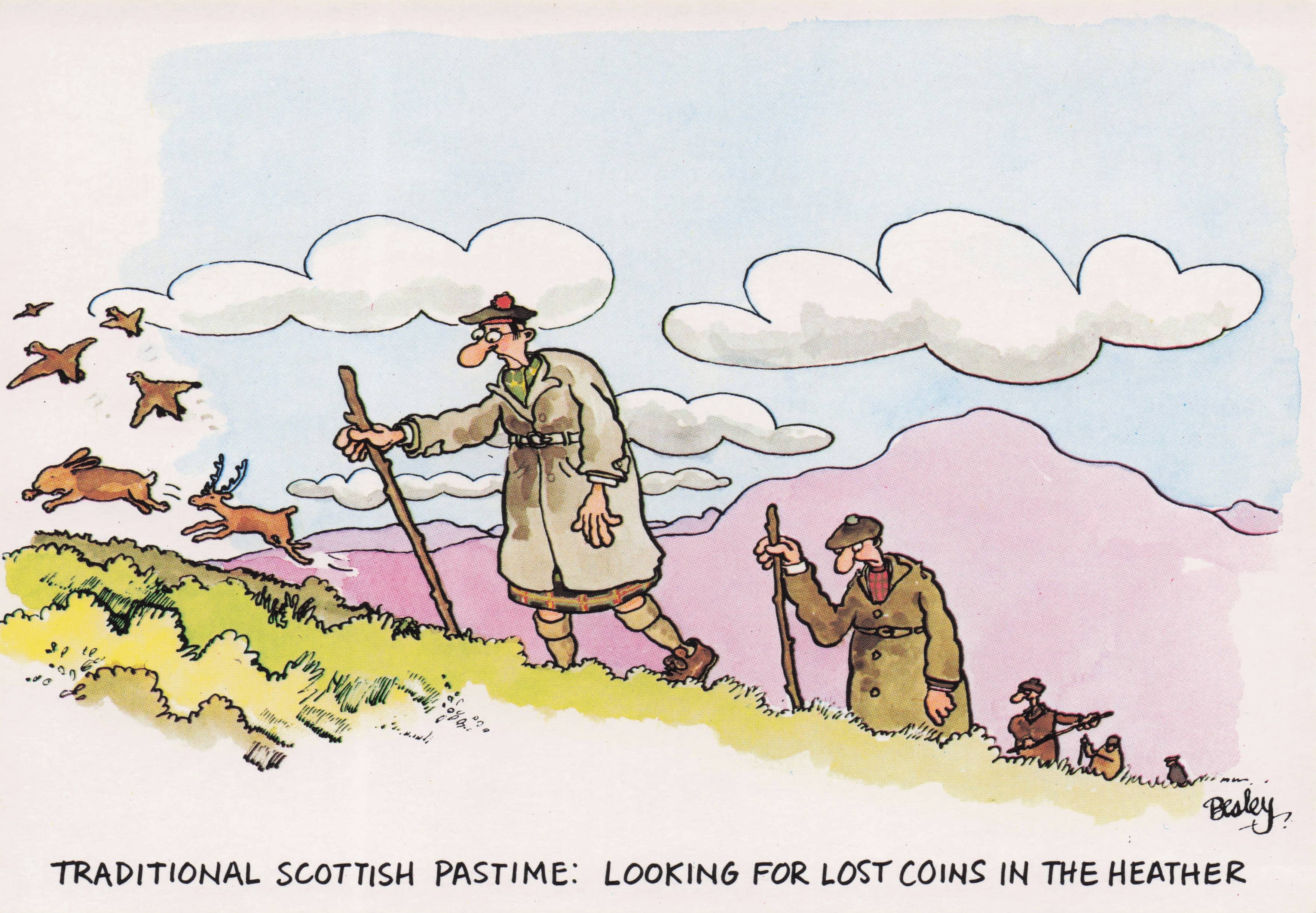 Scottish Hobby Hunting Old Money Coins In Heather Scotland Comic Postcard