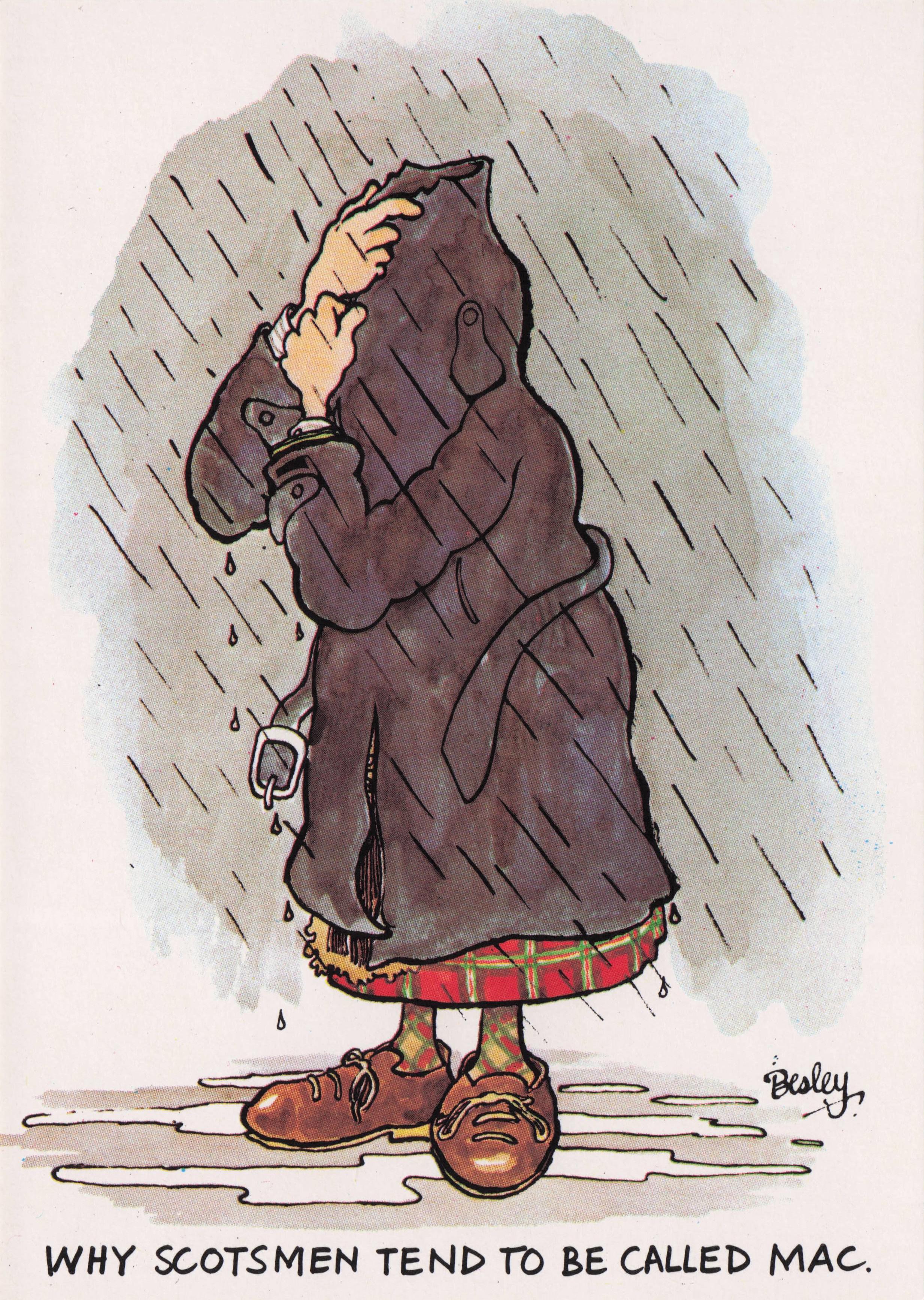 Scottish Old Mac Anorak Coat Disaster Rain Weather Scotland Comic Postcard