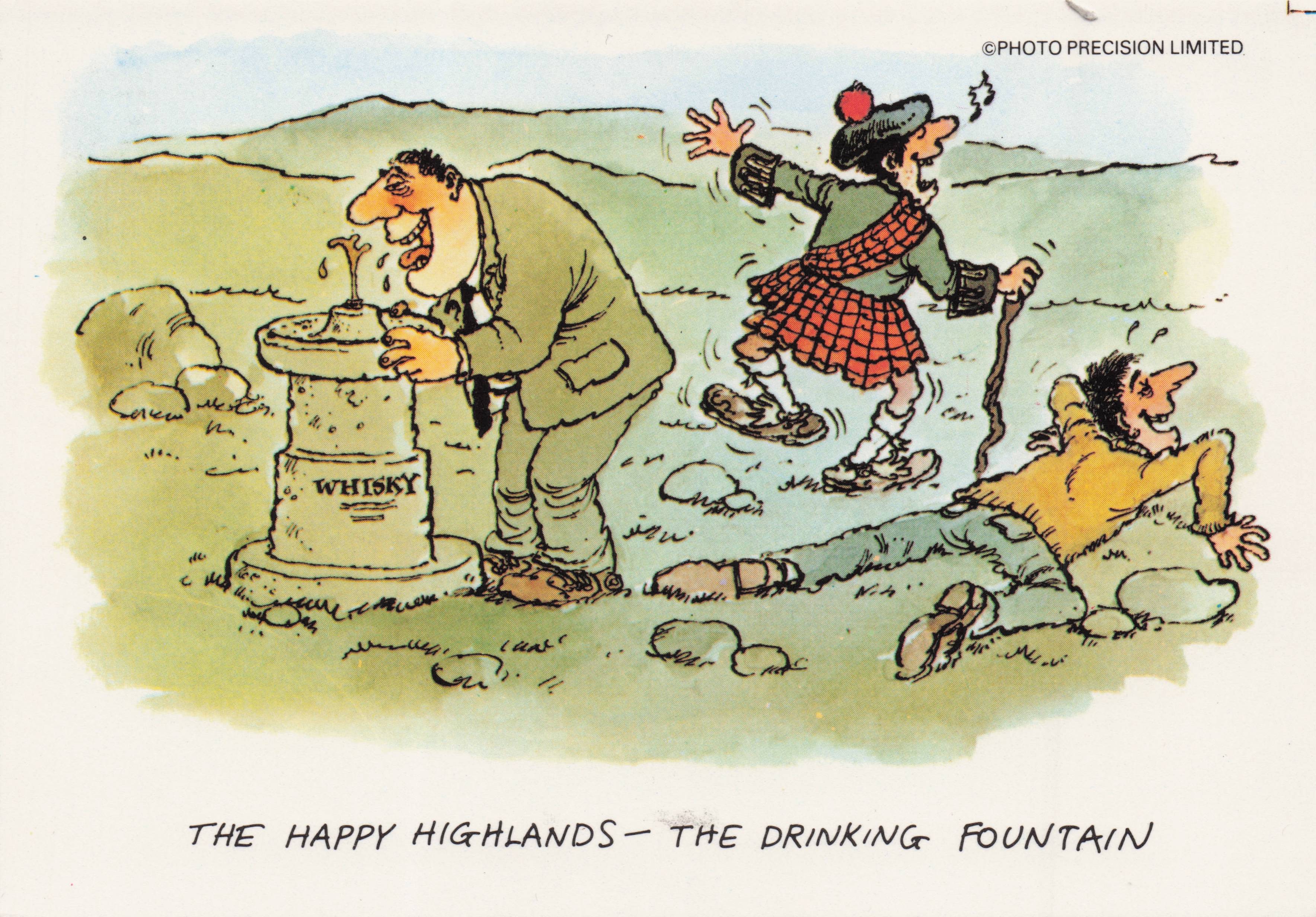 Happy Highlands Scotch Alcohol Drinking Fountain Scottish Comic Postcard