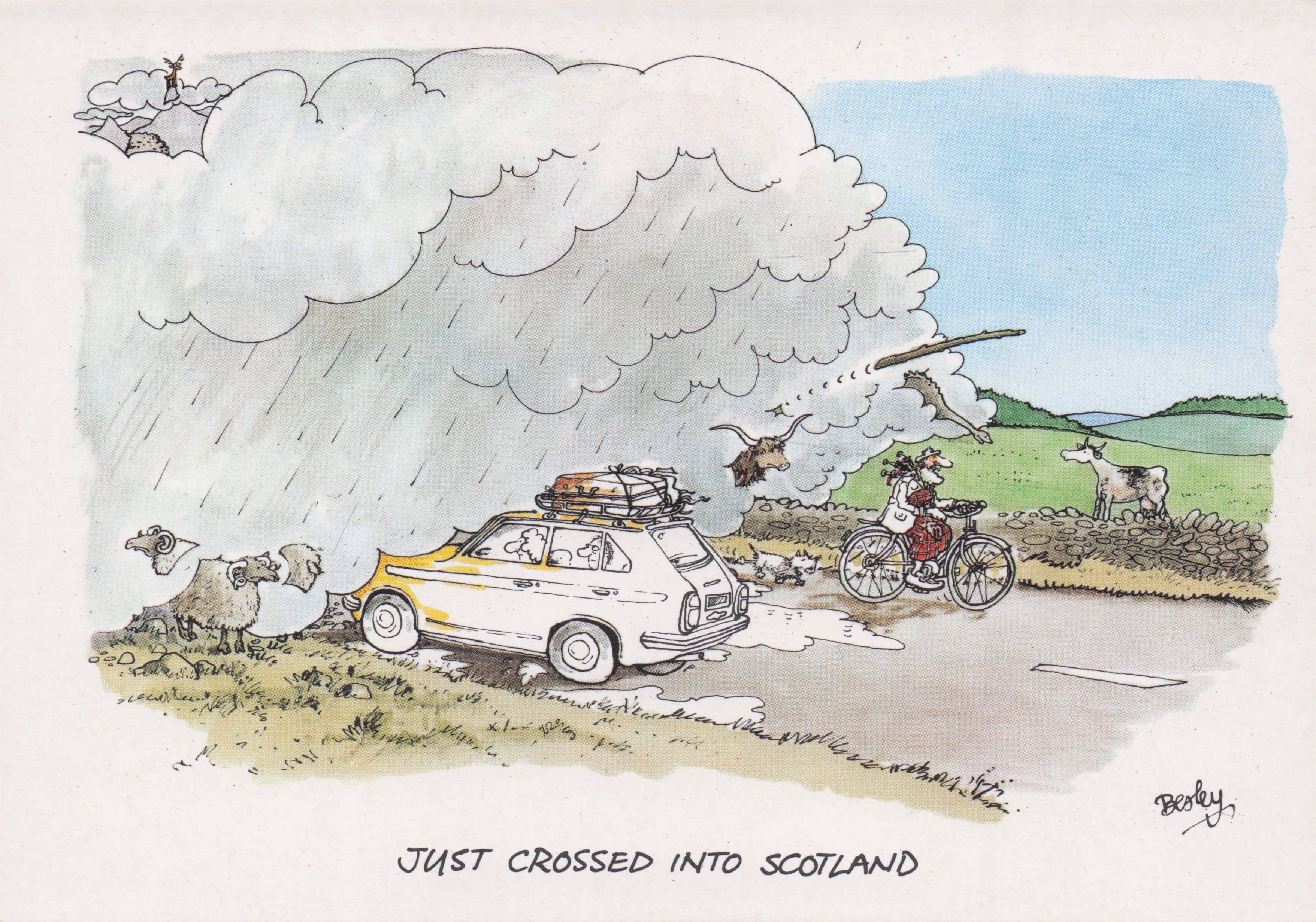 Scottish Cyclists & Disaster Car Drivers At Scotland Borders Comic Postcard