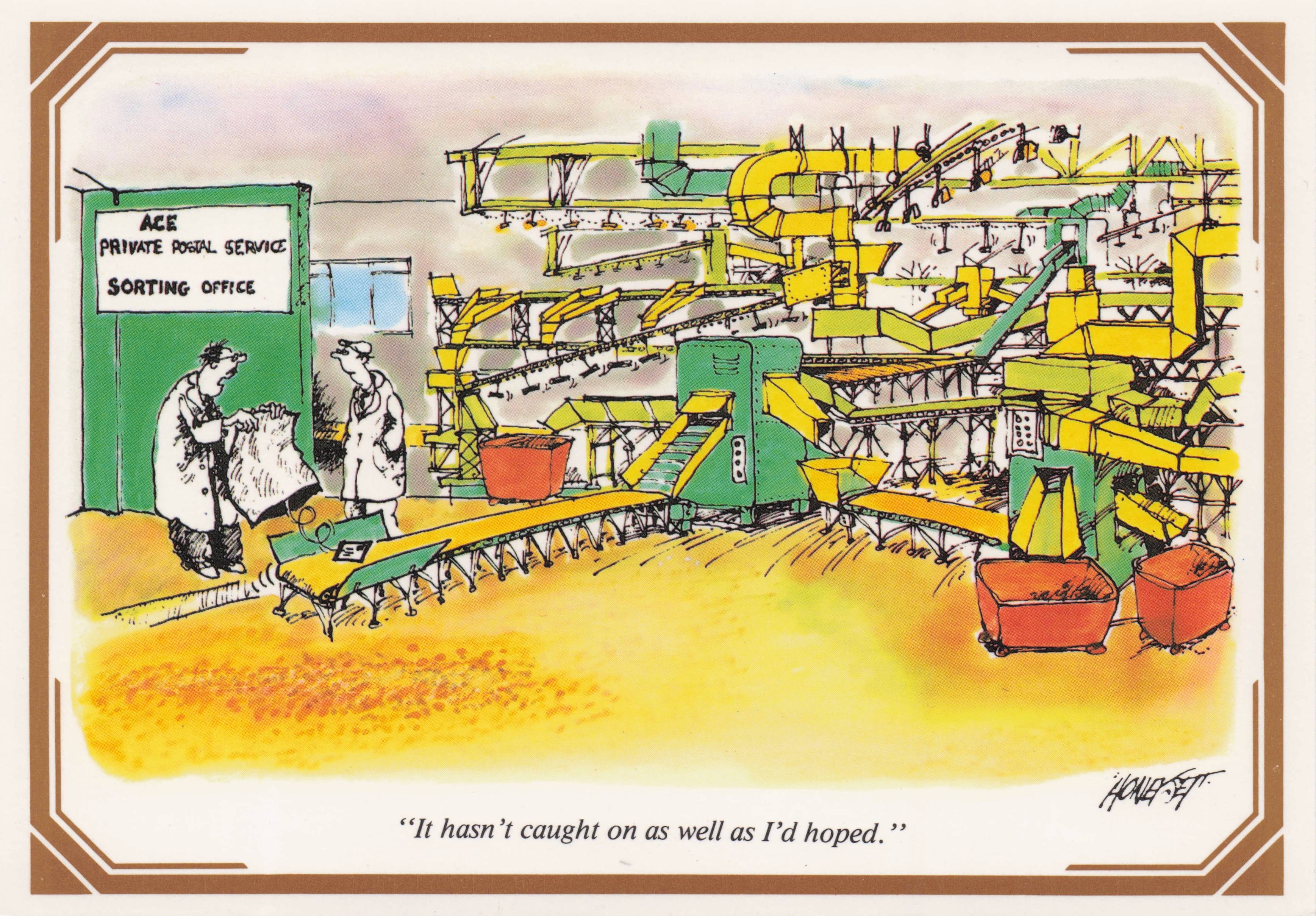 Royal Mail Postman Sorting Office Disaster Machinery Comic Postcard