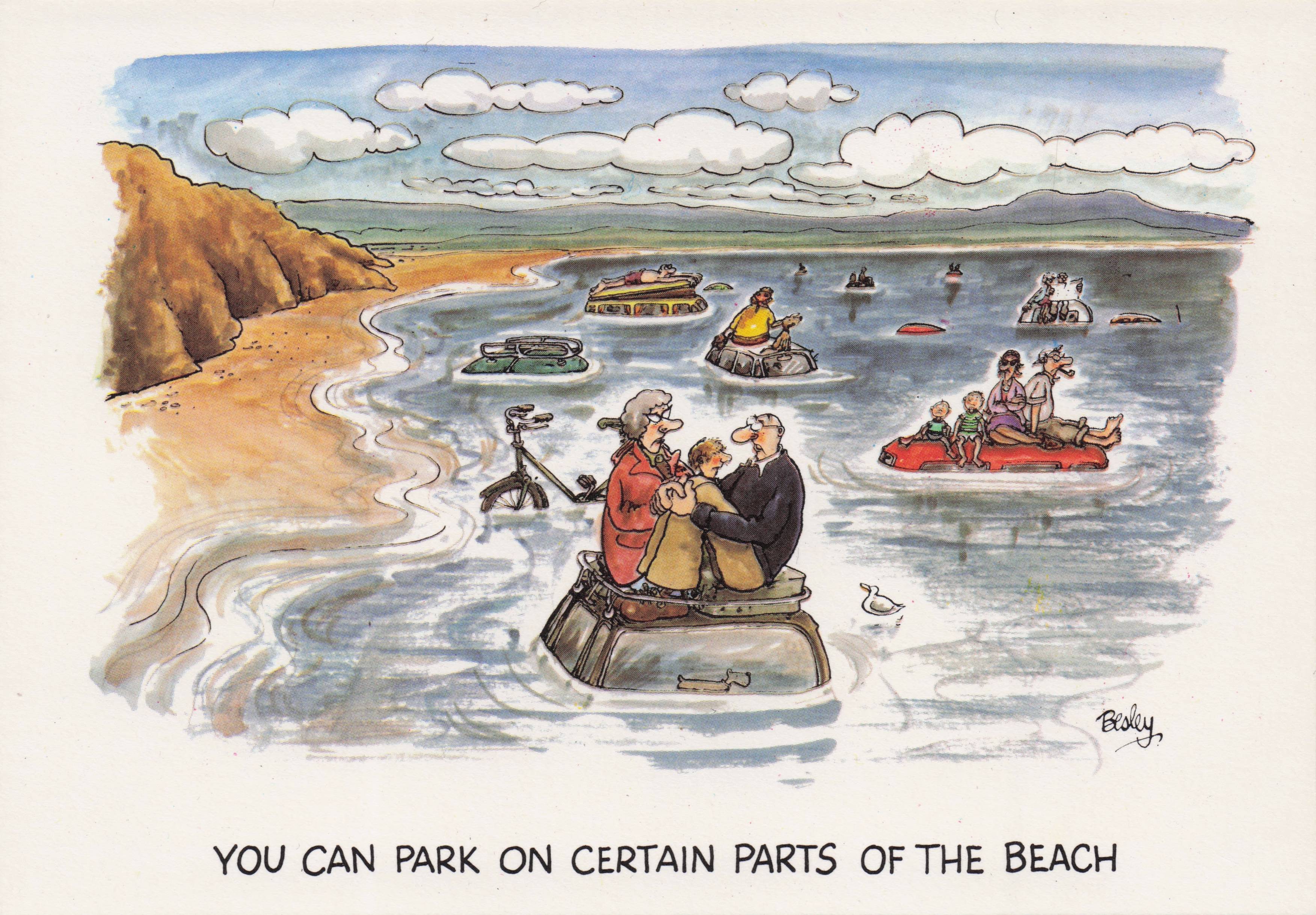 Disaster Holiday Car Breakdown as Lifeboats Swimming Sea Pool Comic Postcard