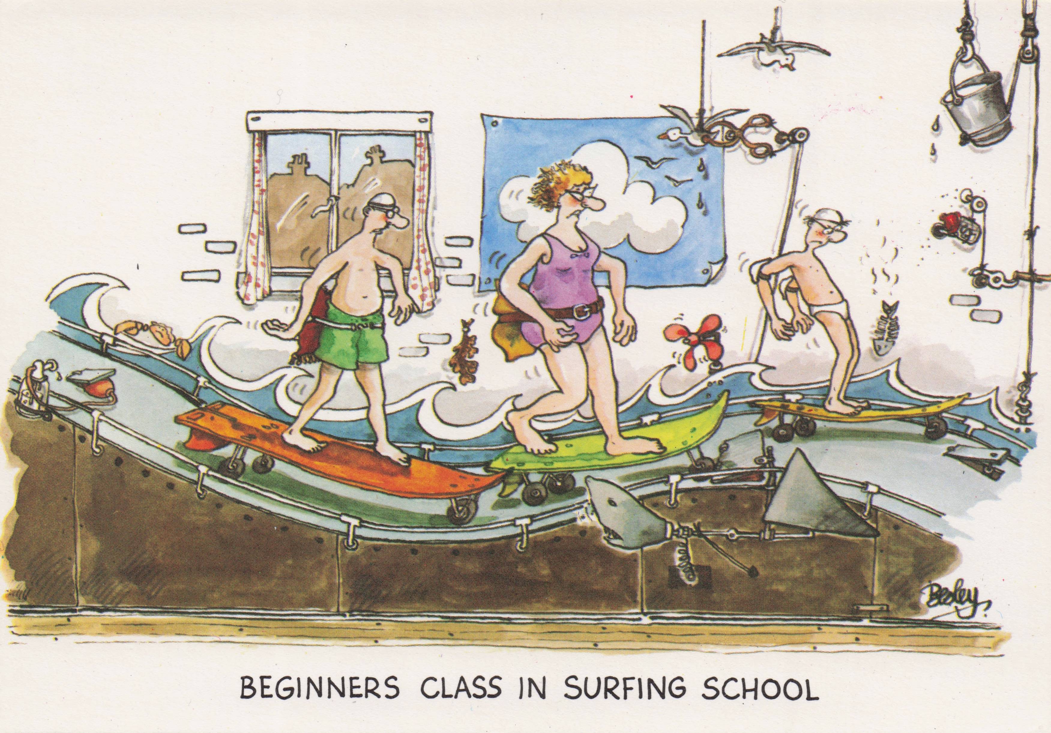 Surfing School Class Disaster Holiday Shark Skateboard Comic Postcard