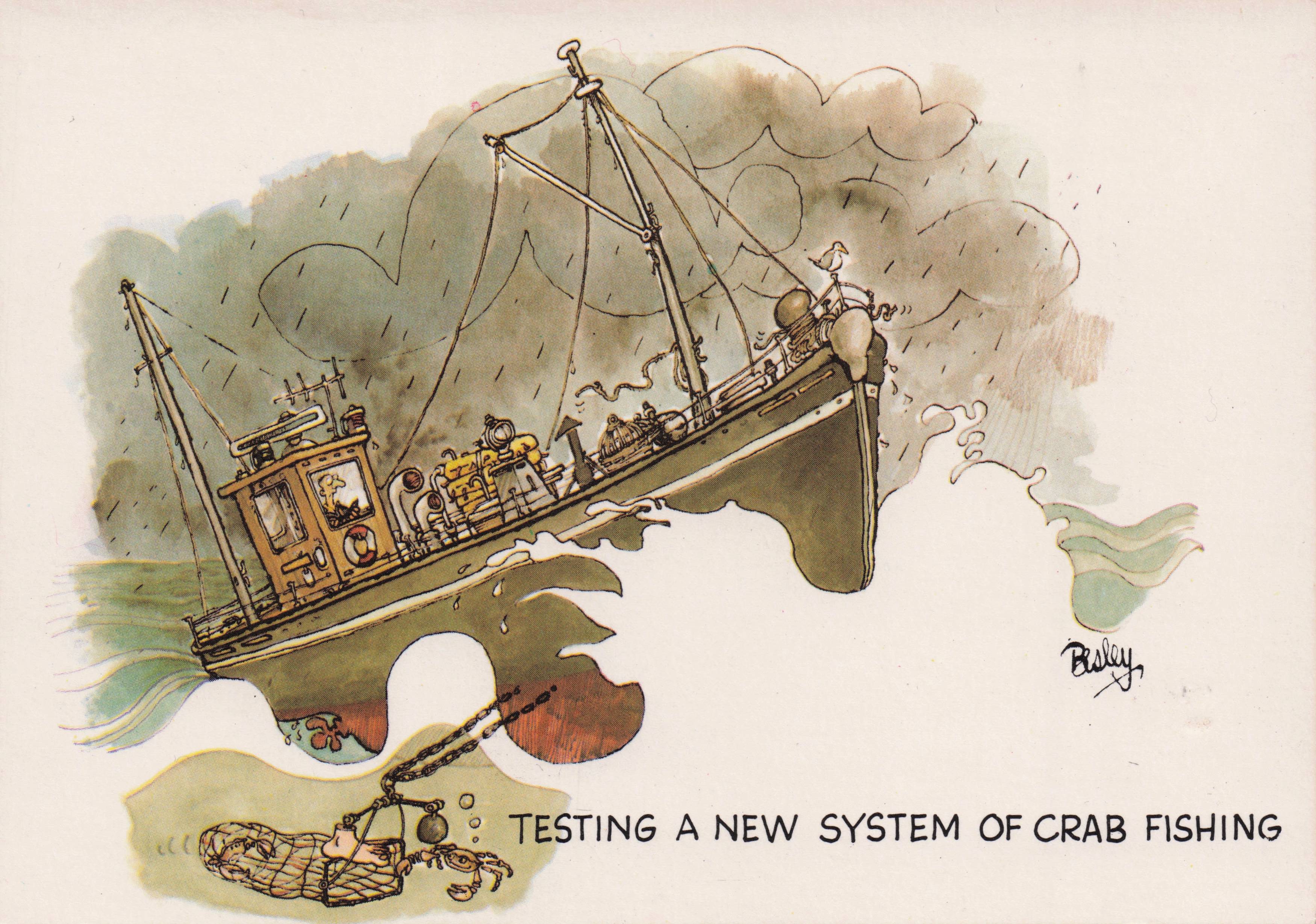 Crab Fishing Boat Ship Sinking Disaster Fisherman Comic Postcard