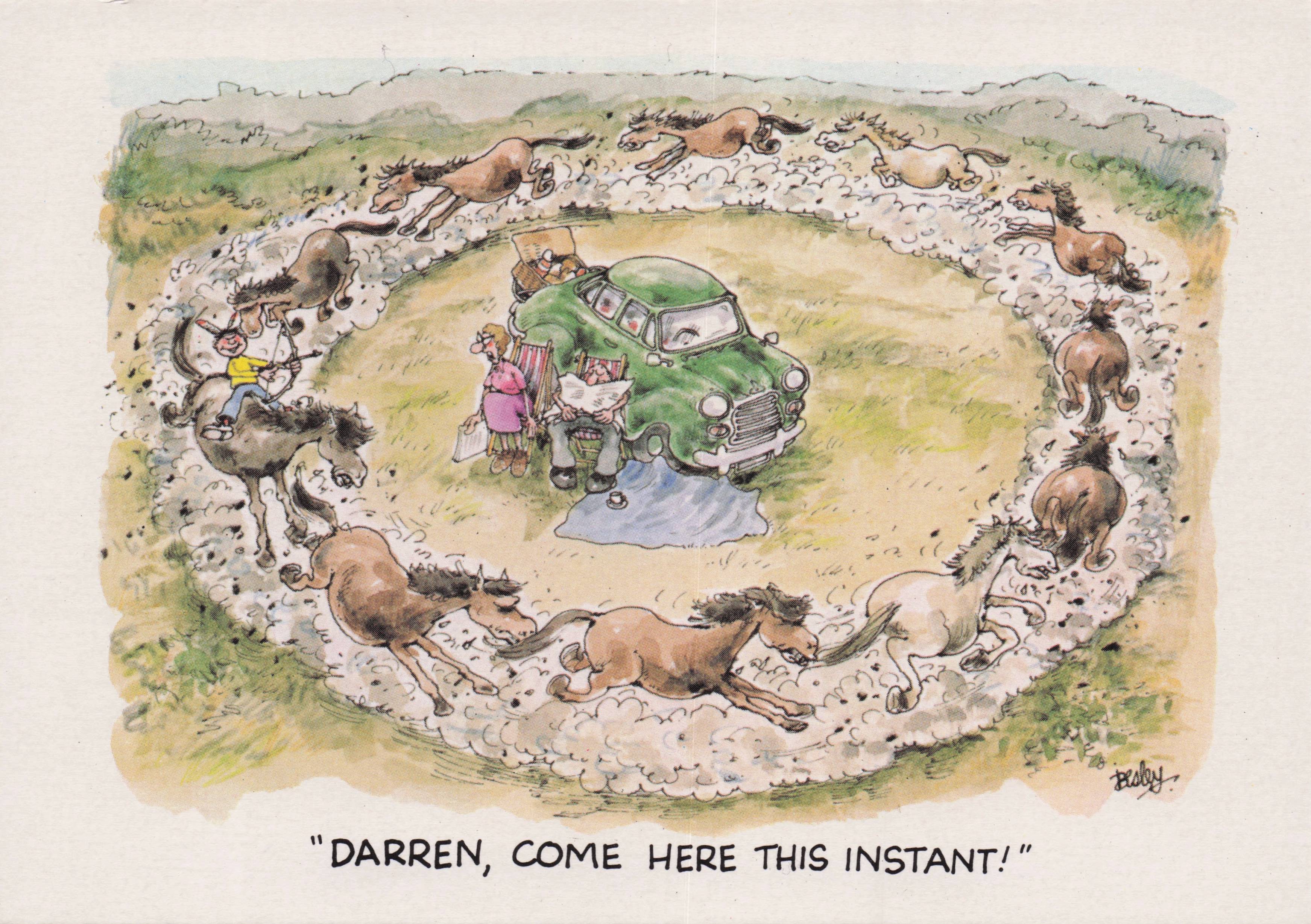 Rodeo Horse Charge Circles Car Breakdown Repair Disaster Holiday Comic Postcard
