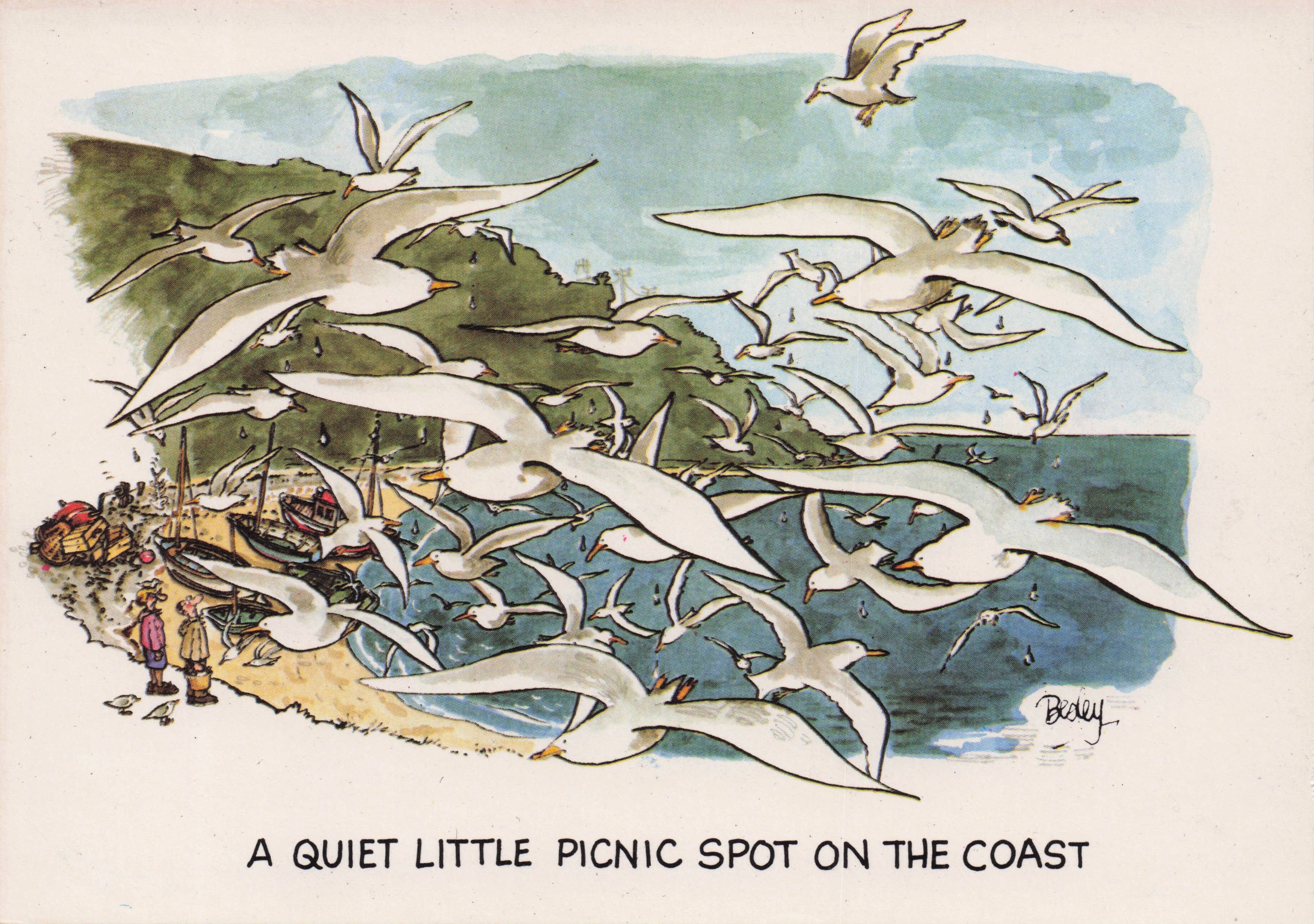Disaster Holiday Seagulls Birds Attack Picnic Food Beach Spot Comic Postcard