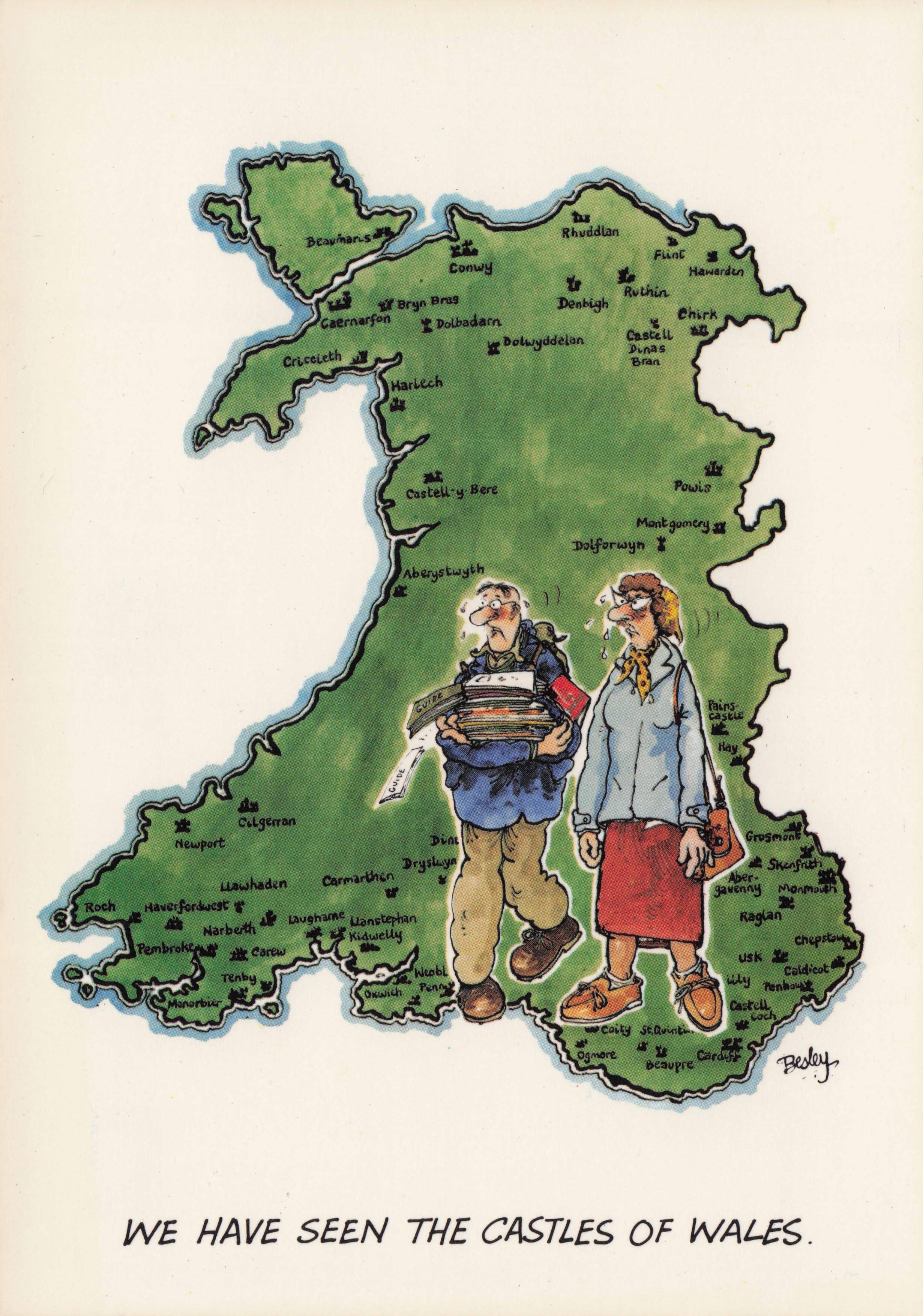 Welsh Map Land Chart Castles Holiday Geography Wales Comic Postcard