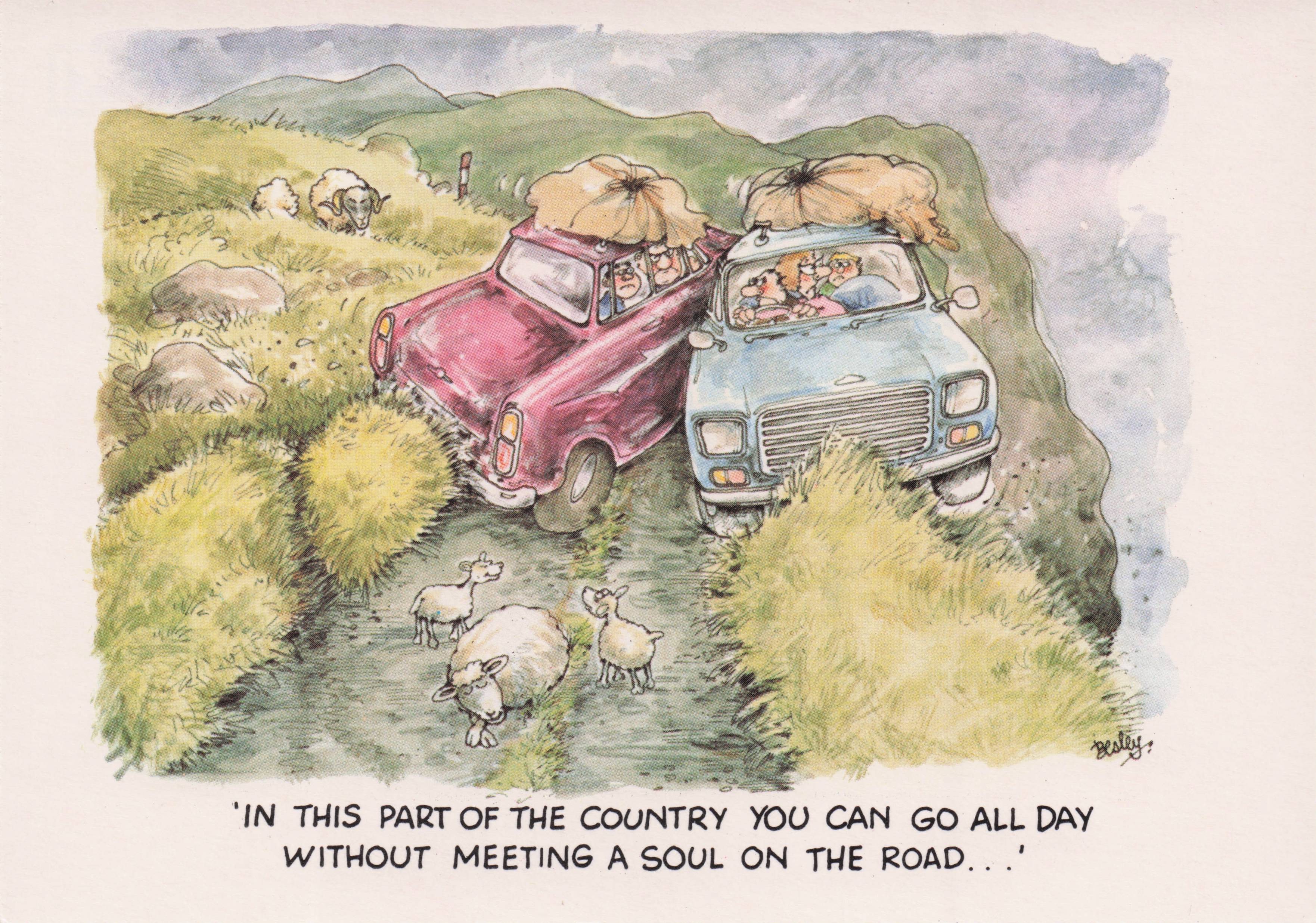 Car Crash On Mountain Top Farmland Comic Disaster Holiday Transport Postcard